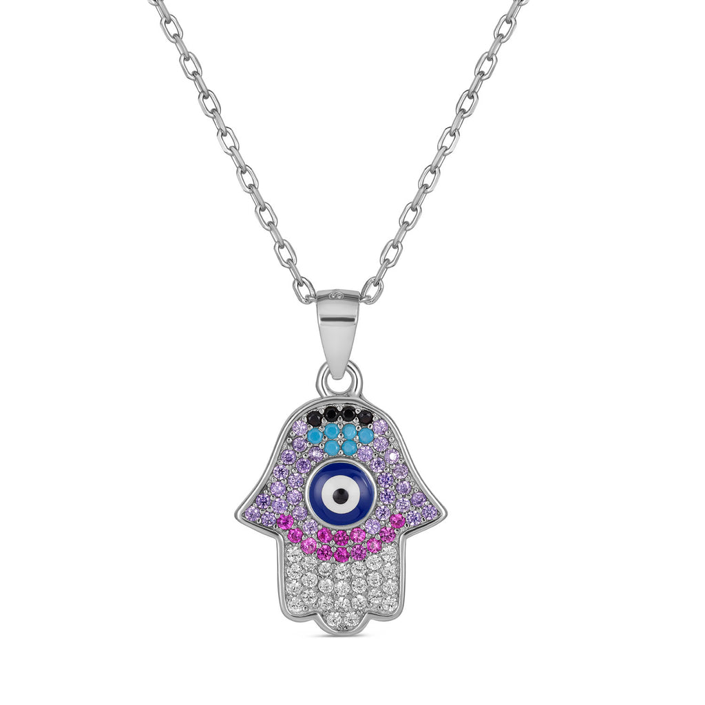 925 Sterling Silver Evil Eye Hamsa Hand Pendant Necklace  Multicolor Stones