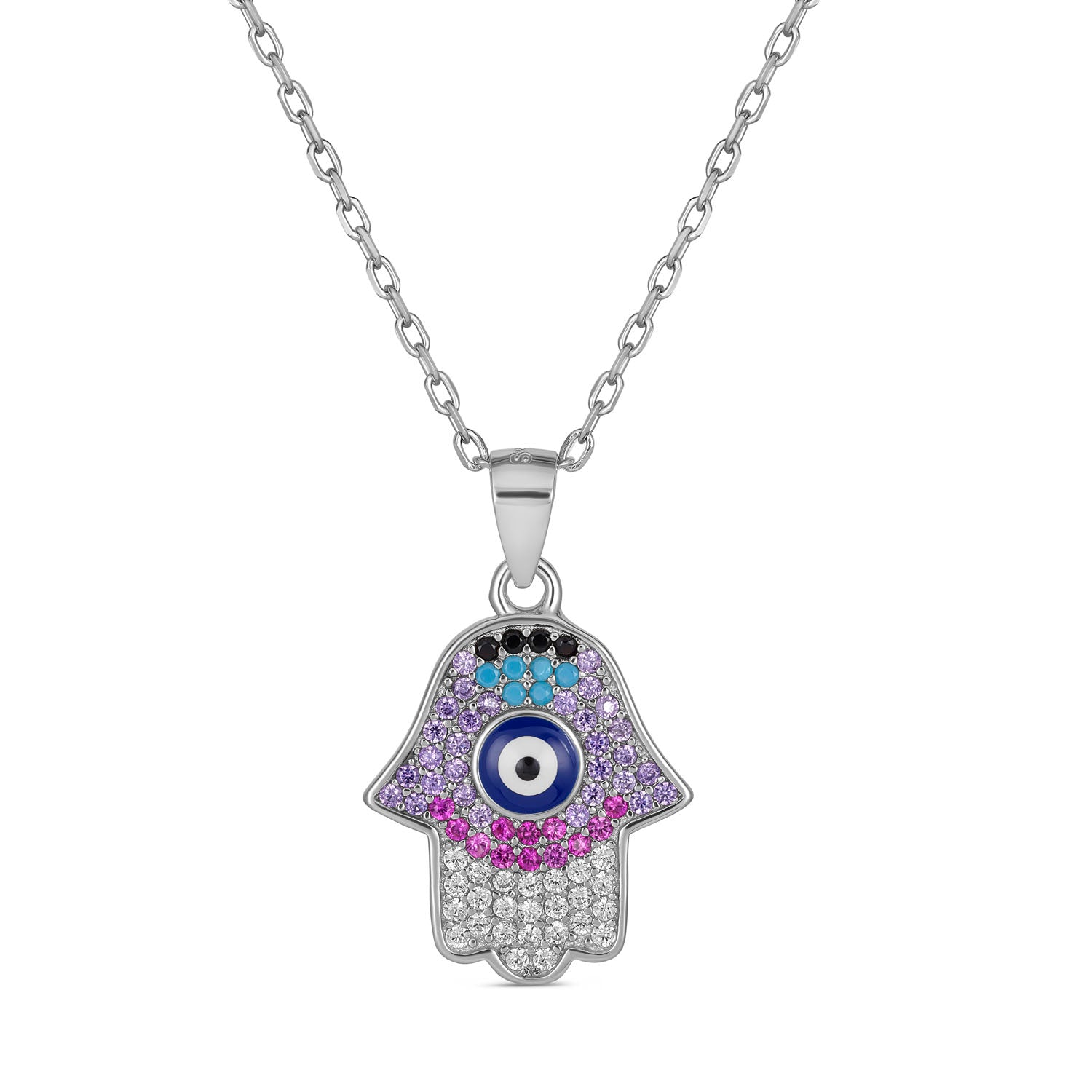 925 Sterling Silver Evil Eye Hamsa Hand Pendant Necklace  Multicolor Stones
