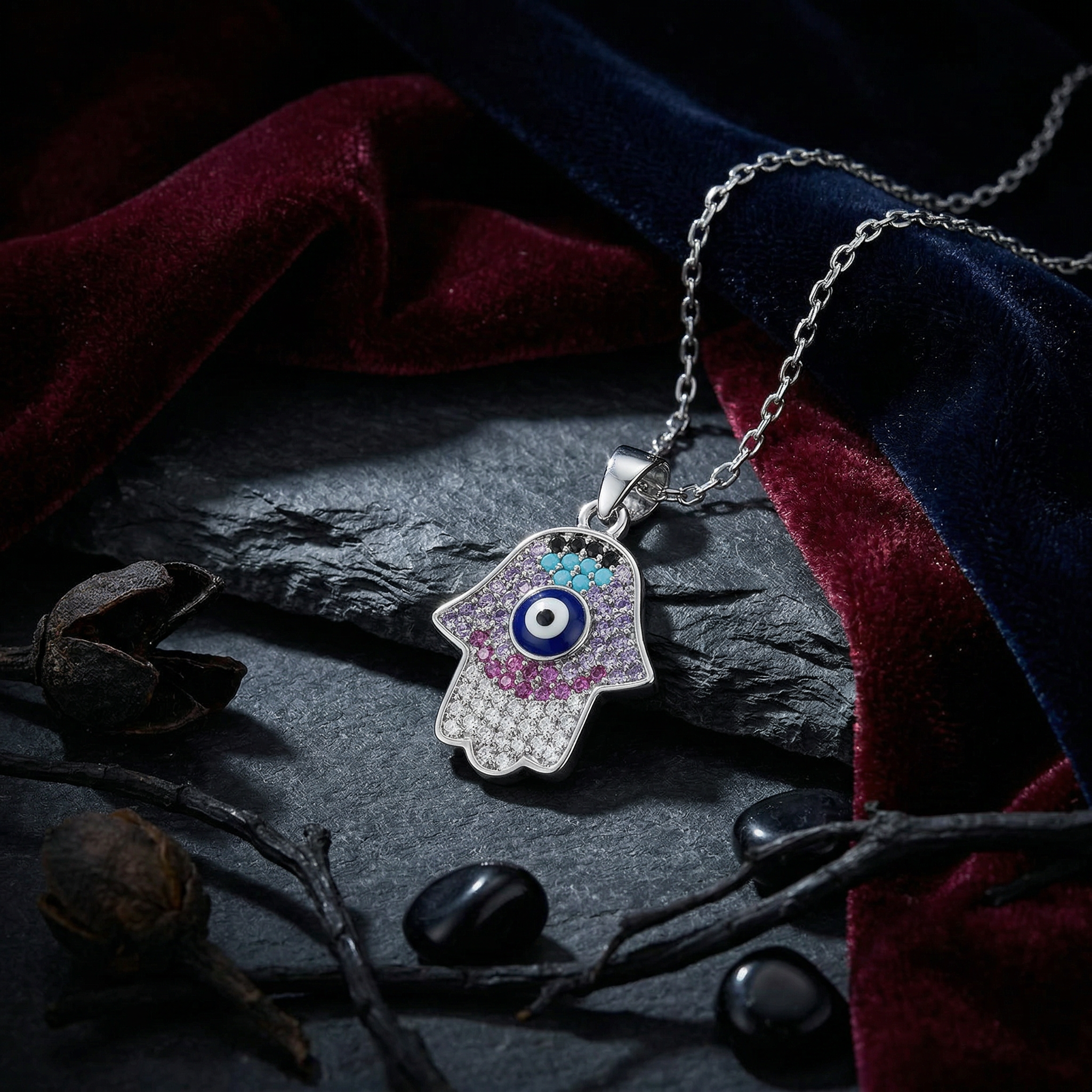 925 Sterling Silver Evil Eye Hamsa Hand Pendant Necklace  Multicolor Stones