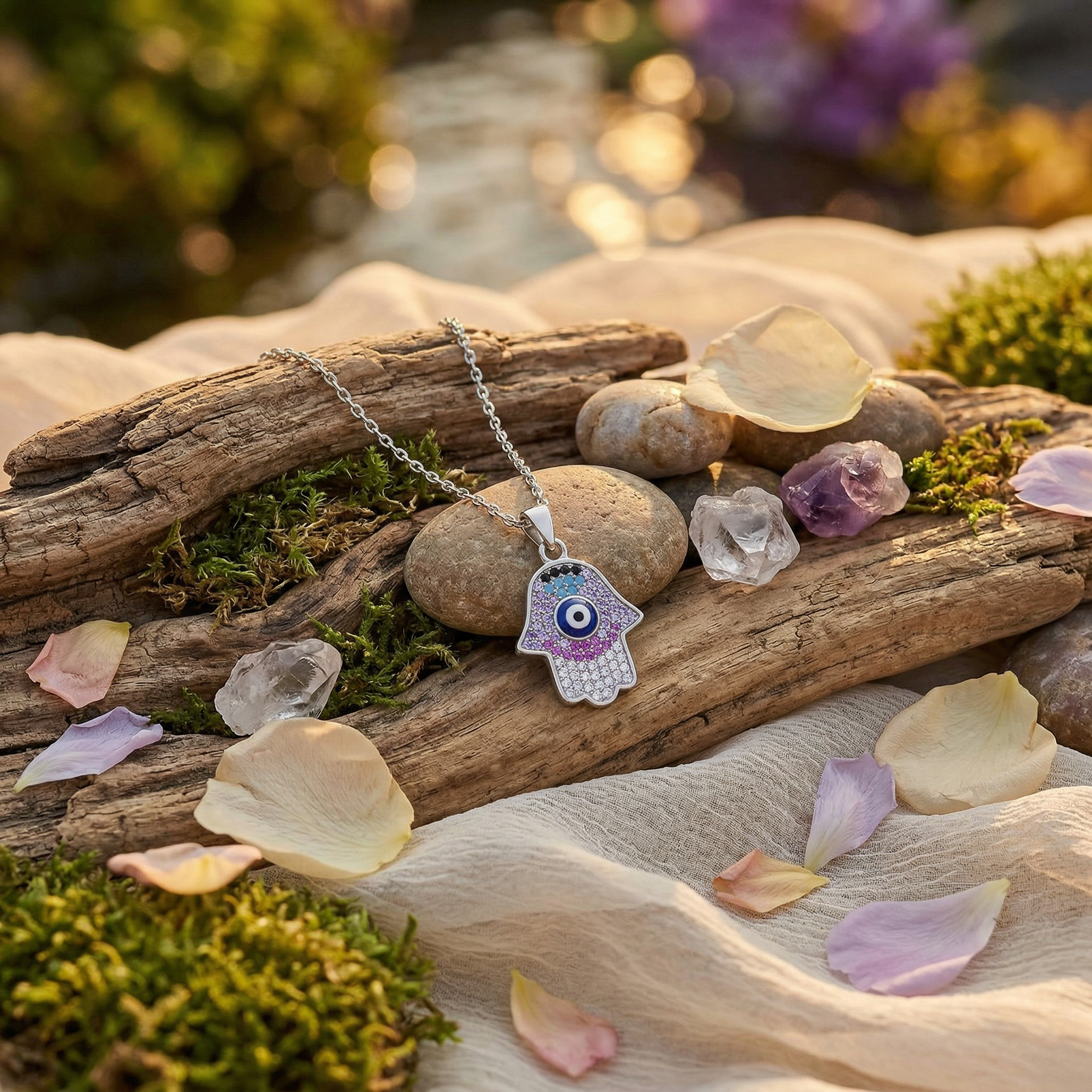 925 Sterling Silver Evil Eye Hamsa Hand Pendant Necklace  Multicolor Stones