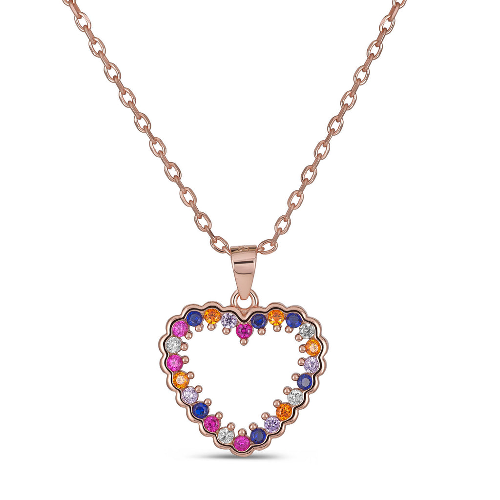 Sterling Silver Rose Gold Plated Heart Pendant Necklace, Multicolor Cubic Zirconia