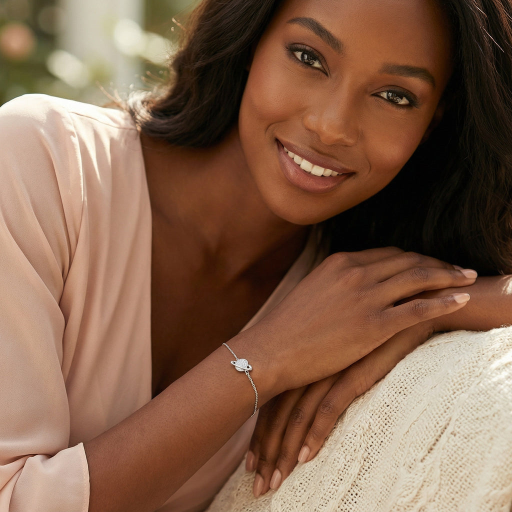 925 Sterling Silver Rhodium Plated Saturn Planet Heart Bracelet