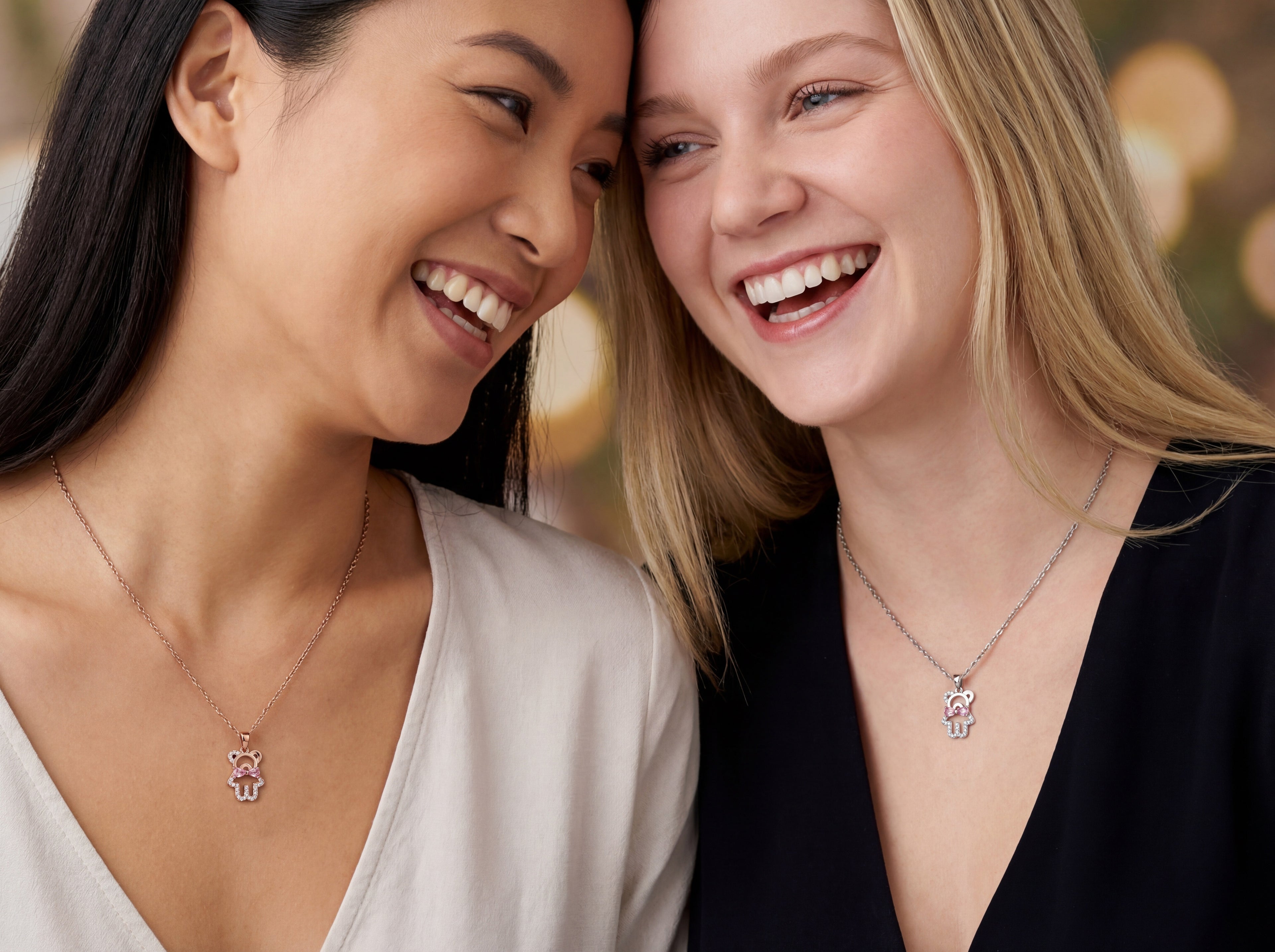 925 Sterling Silver Teddy Bear Necklace Pink Bow & CZ Stones