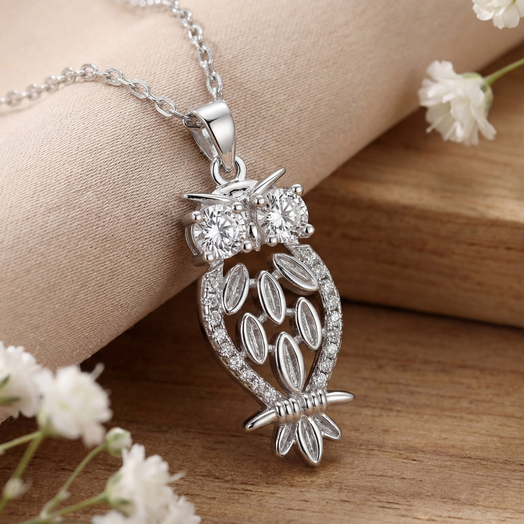 Rhodium Plated 925 Sterling Silver Owl Pendant Necklace