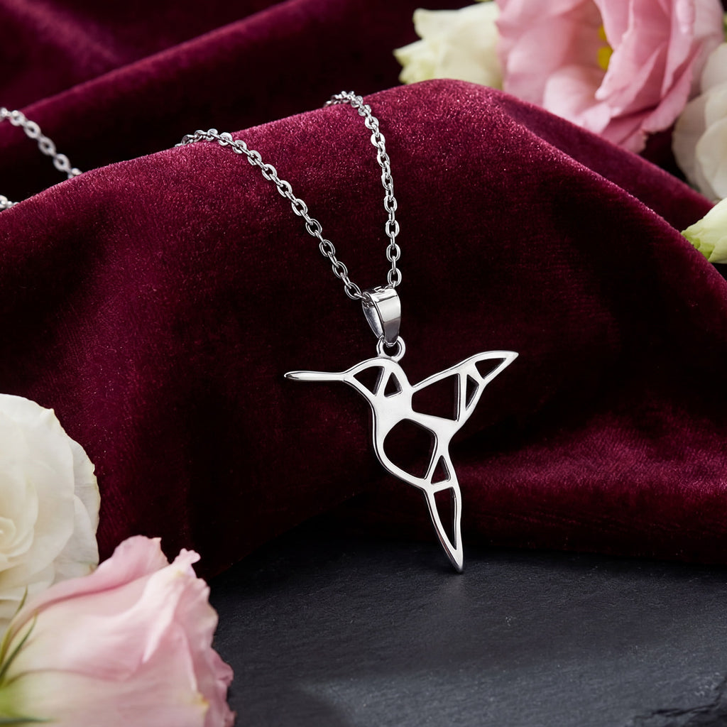 Geometric Hummingbird Necklace | 925 Sterling Silver Rhodium Plated Pendant