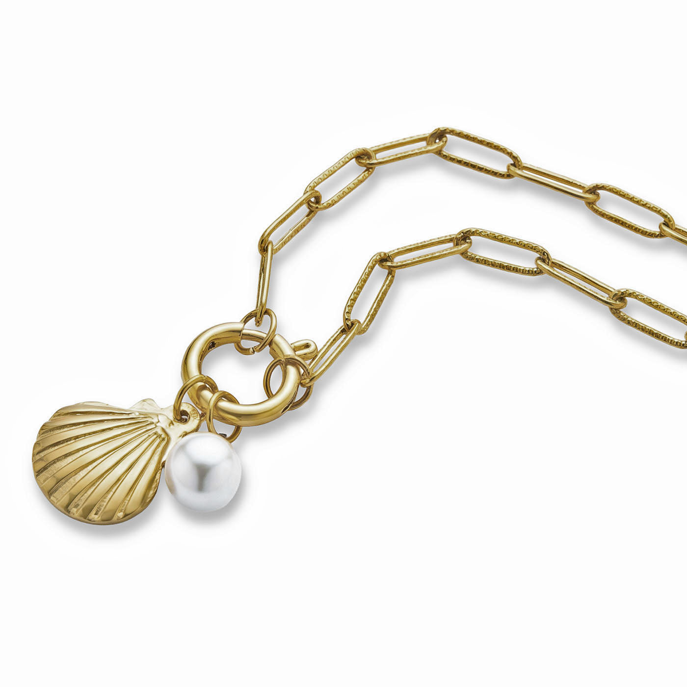 18K Gold Plated Stainless Steel Chain Link Seashell Necklace with Pearl