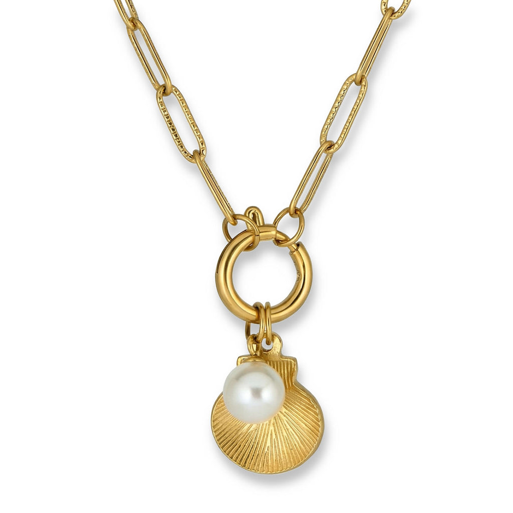 18K Gold Plated Stainless Steel Chain Link Seashell Necklace with Pearl