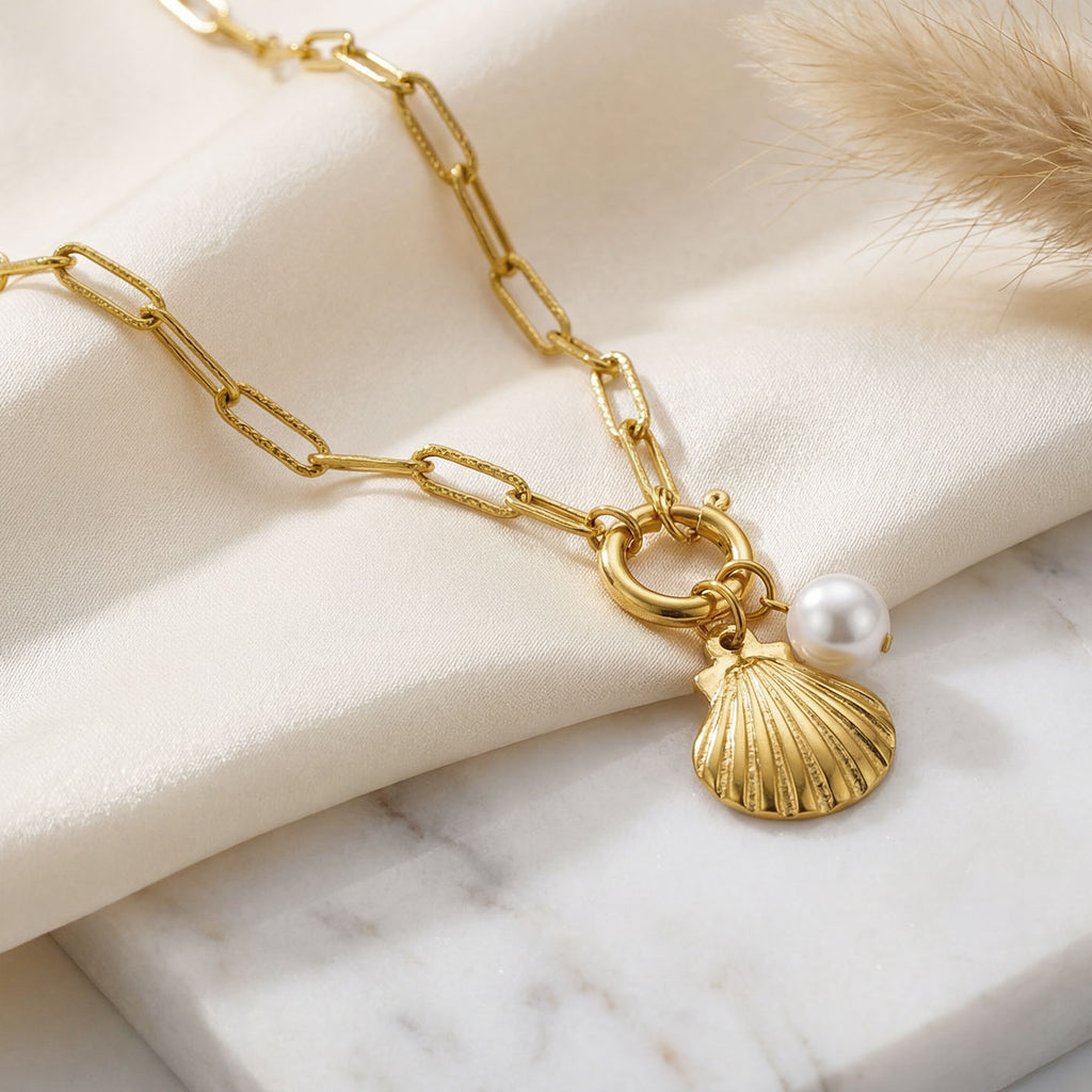 18K Gold Plated Stainless Steel Chain Link Seashell Necklace with Pearl