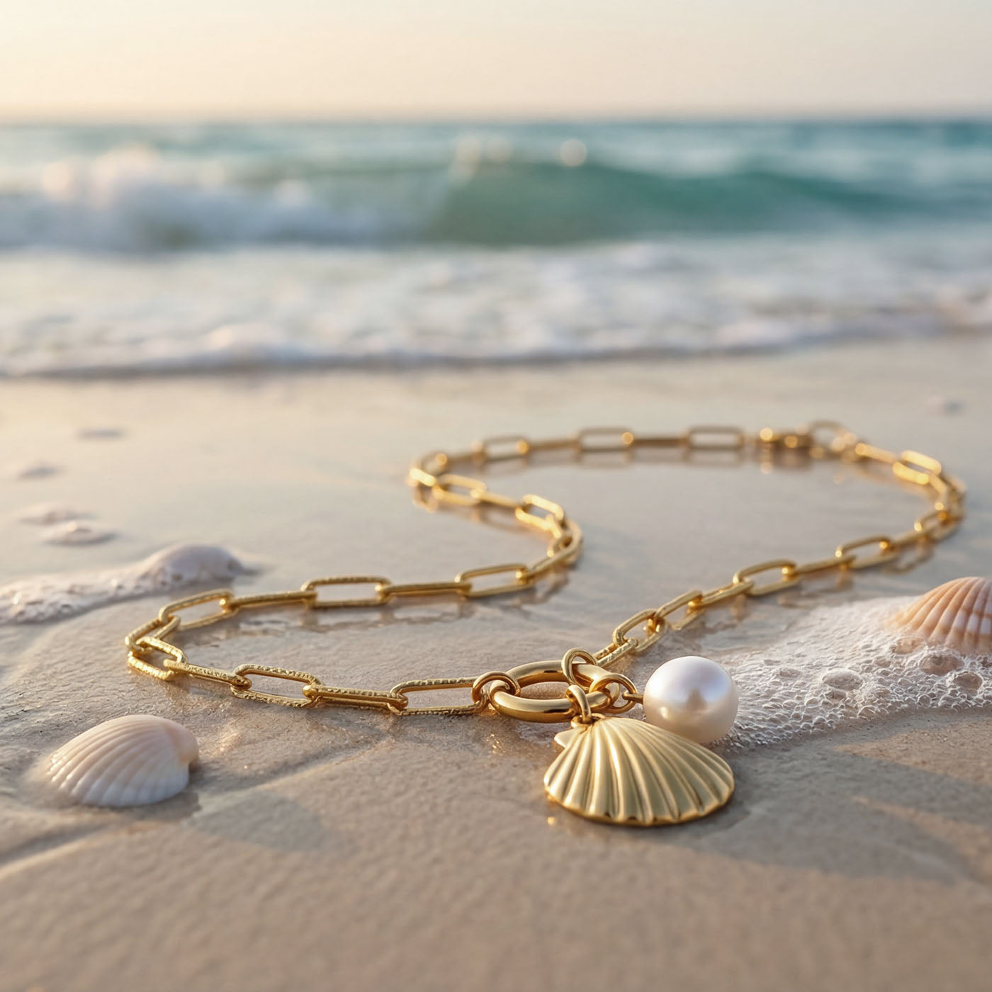 18K Gold Plated Stainless Steel Chain Link Seashell Necklace with Pearl