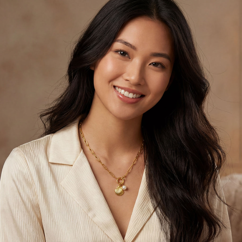 18K Gold Plated Stainless Steel Chain Link Seashell Necklace with Pearl