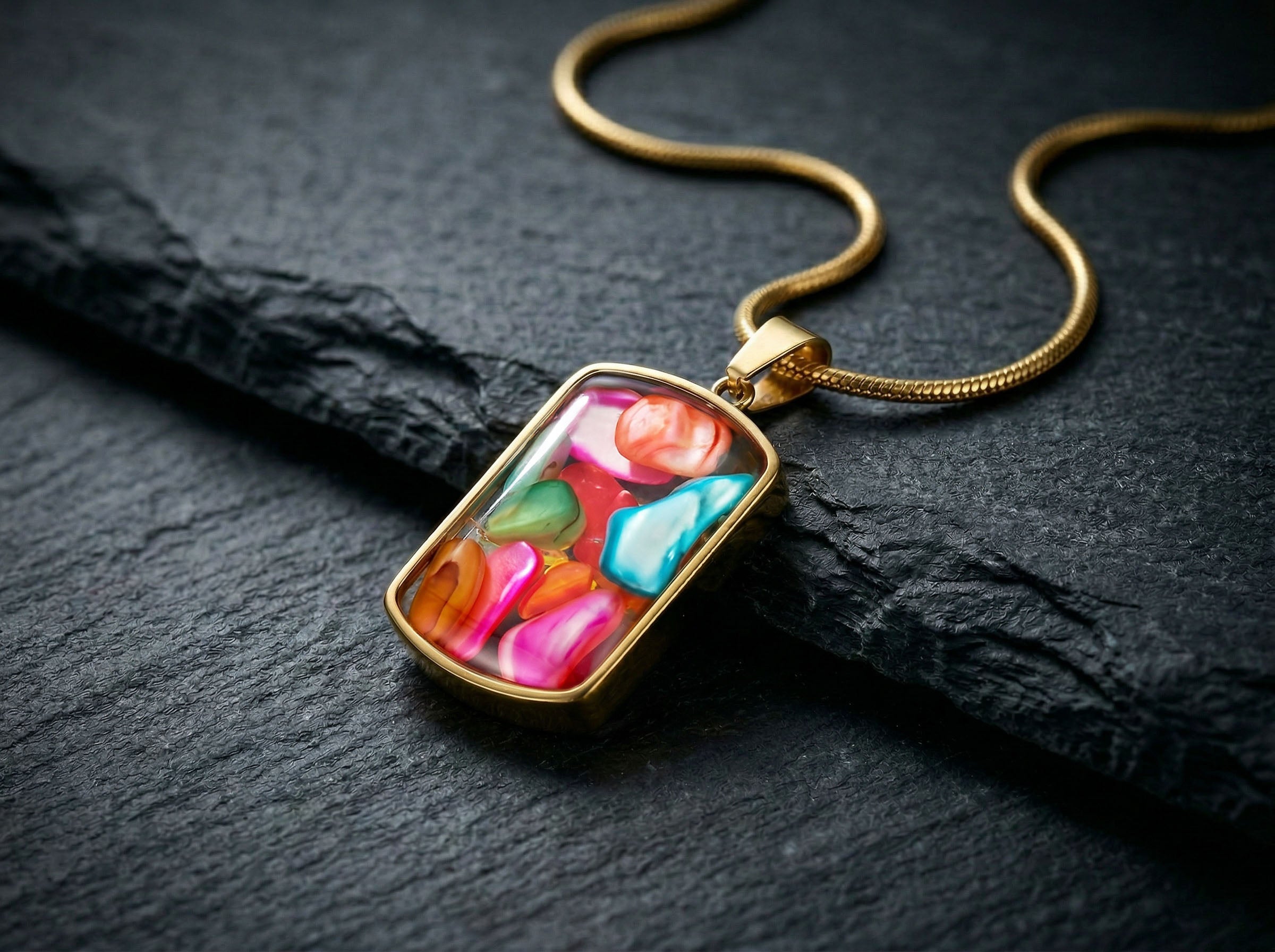 Multicolor Gemstone Resin Pendant Necklace, Gold Snake Chain, Boho Statement Jewelry, Adjustable 15.5-17.5 Inch, Unique Gift for Her
