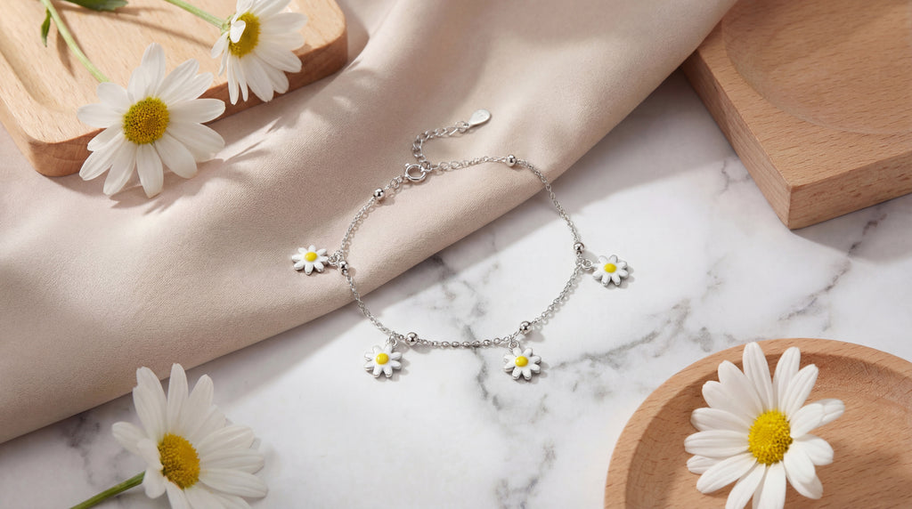 Sterling Silver Rhodium Enamel Daisy Charms Flower Bracelet