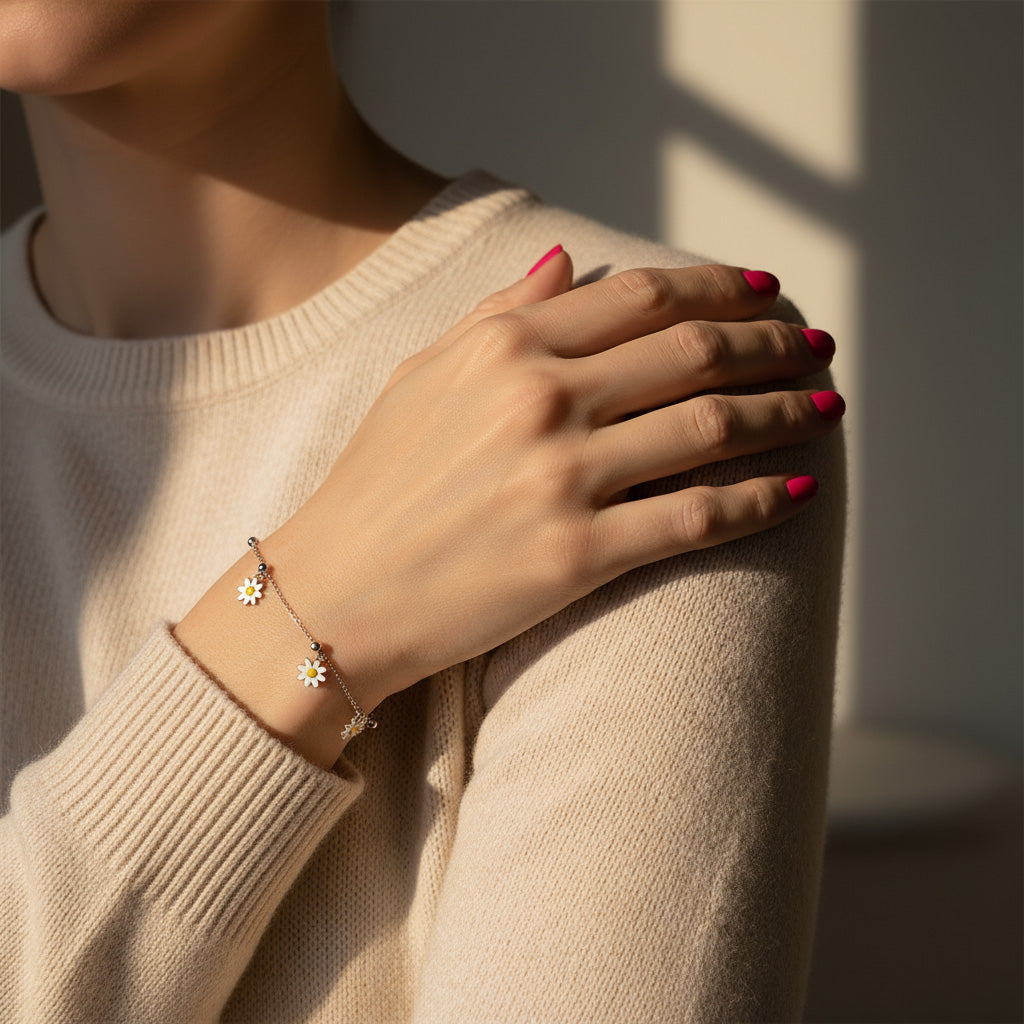 Sterling Silver Rhodium Enamel Daisy Charms Flower Bracelet