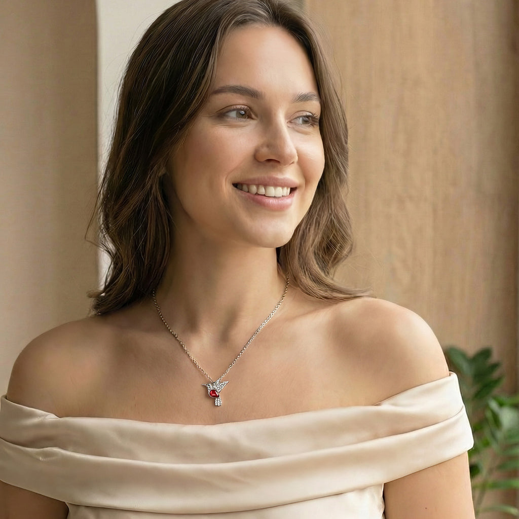 Rhodium Plated Sterling Silver Hummingbird Necklace with Red CZ Stone