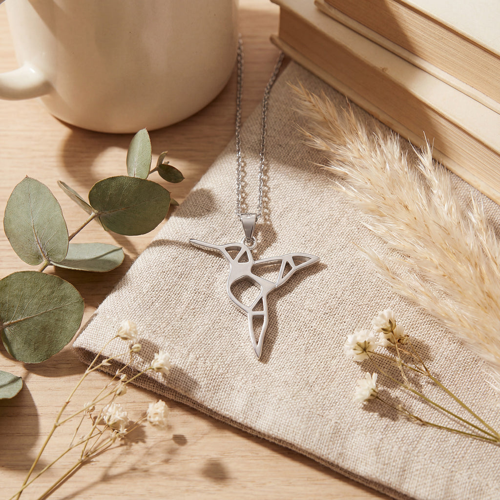 Geometric Hummingbird Necklace | 925 Sterling Silver Rhodium Plated Pendant