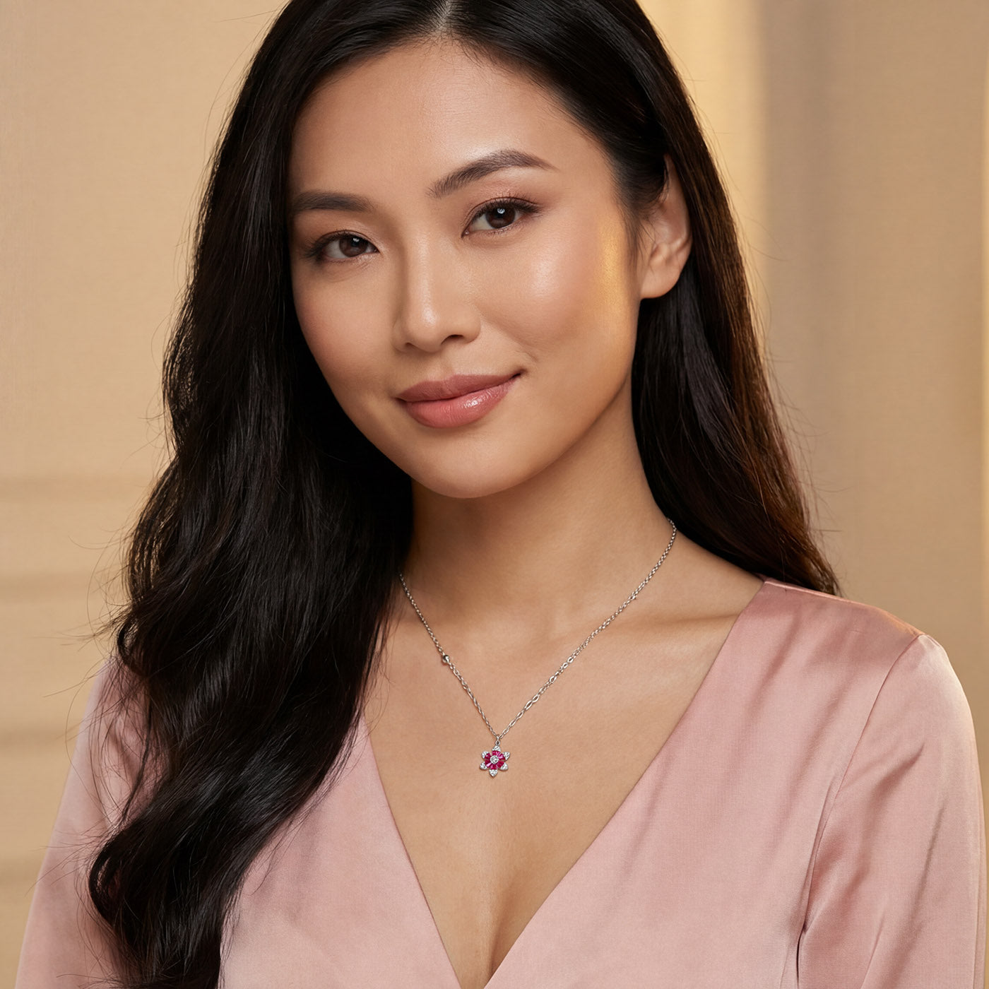 925 Sterling Silver Rhodium Plated Pink Crystal Flower Necklace