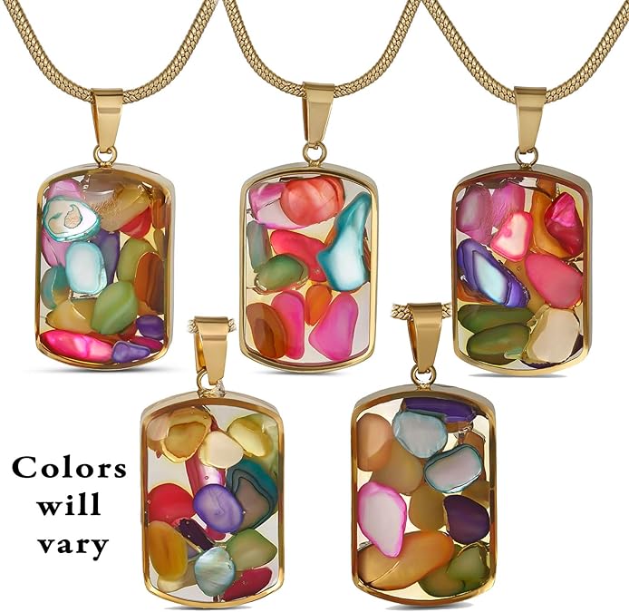Multicolor Gemstone Resin Pendant Necklace, Gold Snake Chain, Boho Statement Jewelry, Adjustable 15.5-17.5 Inch, Unique Gift for Her