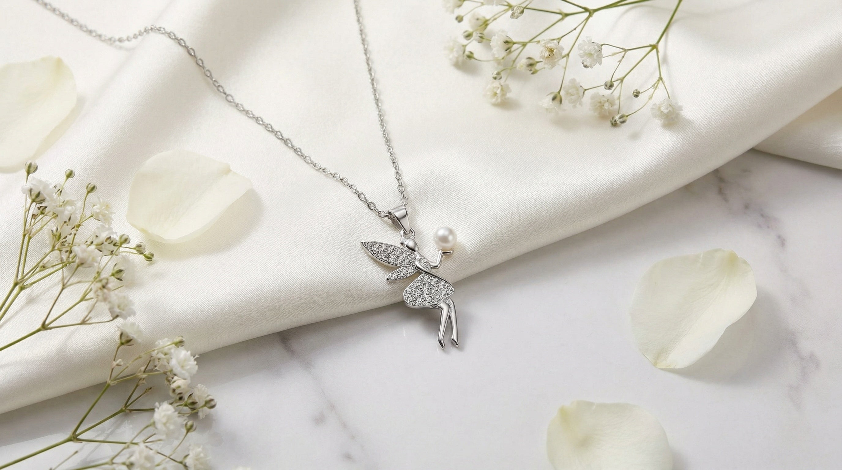 Sterling Silver Rhodium Plated Fairy Necklace with Bubble Pendant