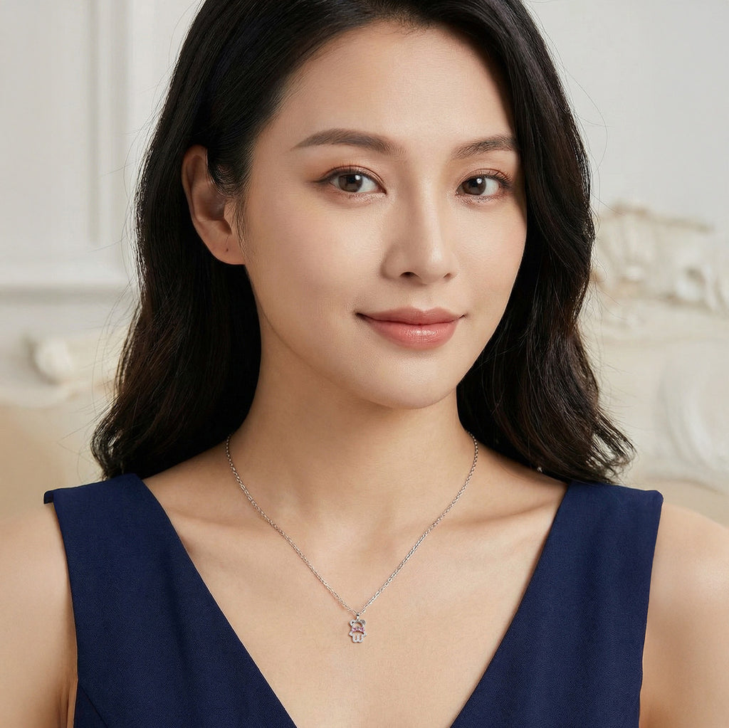 925 Sterling Silver Teddy Bear Necklace Pink Bow & CZ Stones