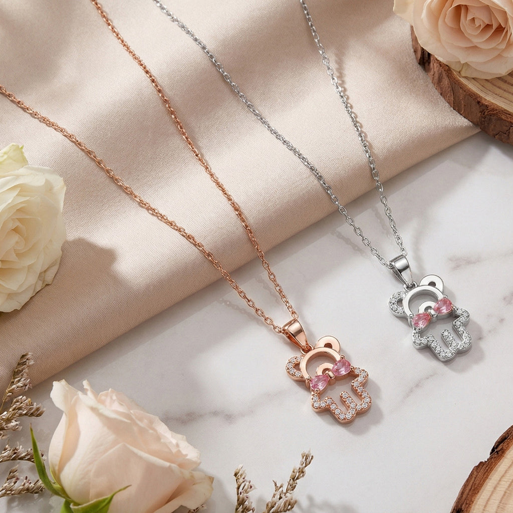 925 Sterling Silver Teddy Bear Necklace Pink Bow & CZ Stones