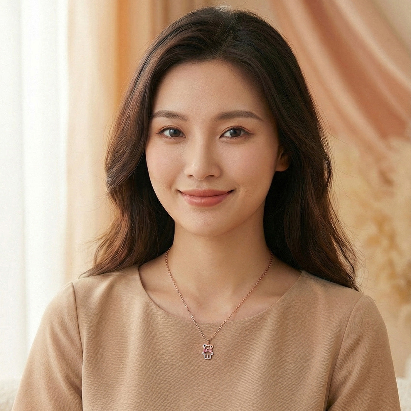 925 Sterling Silver Teddy Bear Necklace Pink Bow & CZ Stones