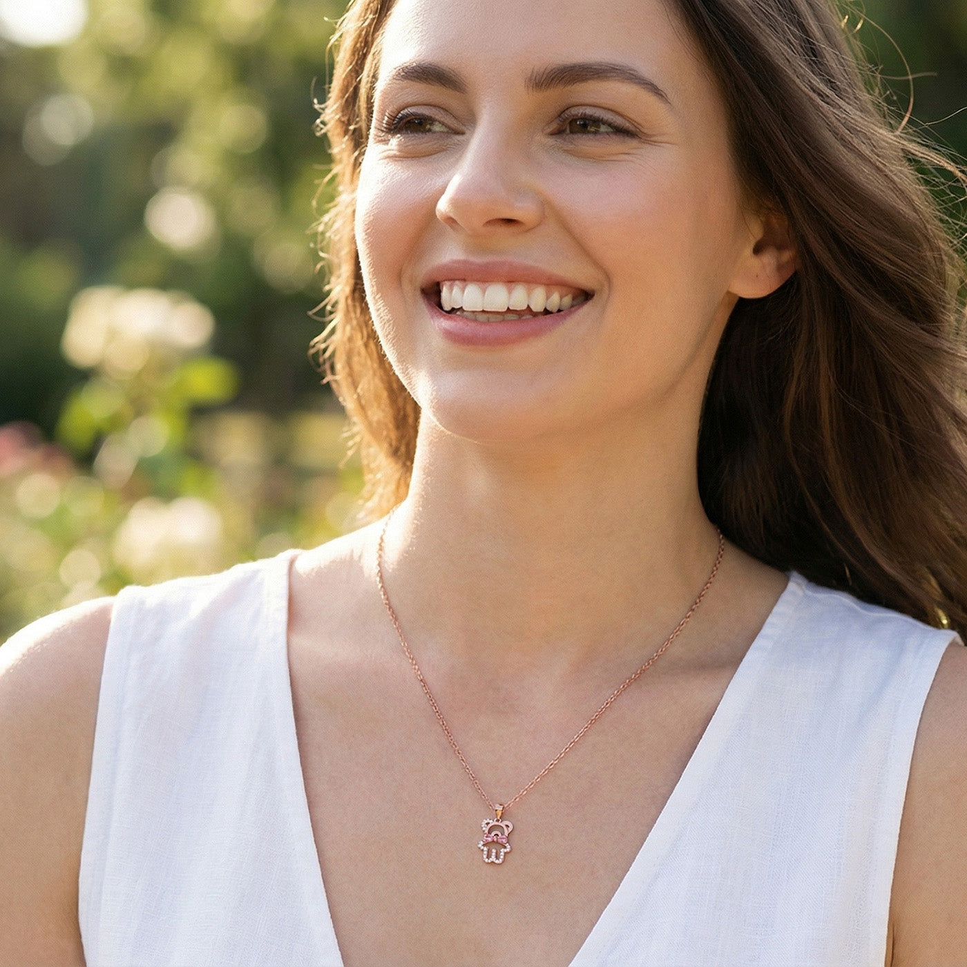 925 Sterling Silver Teddy Bear Necklace Pink Bow & CZ Stones