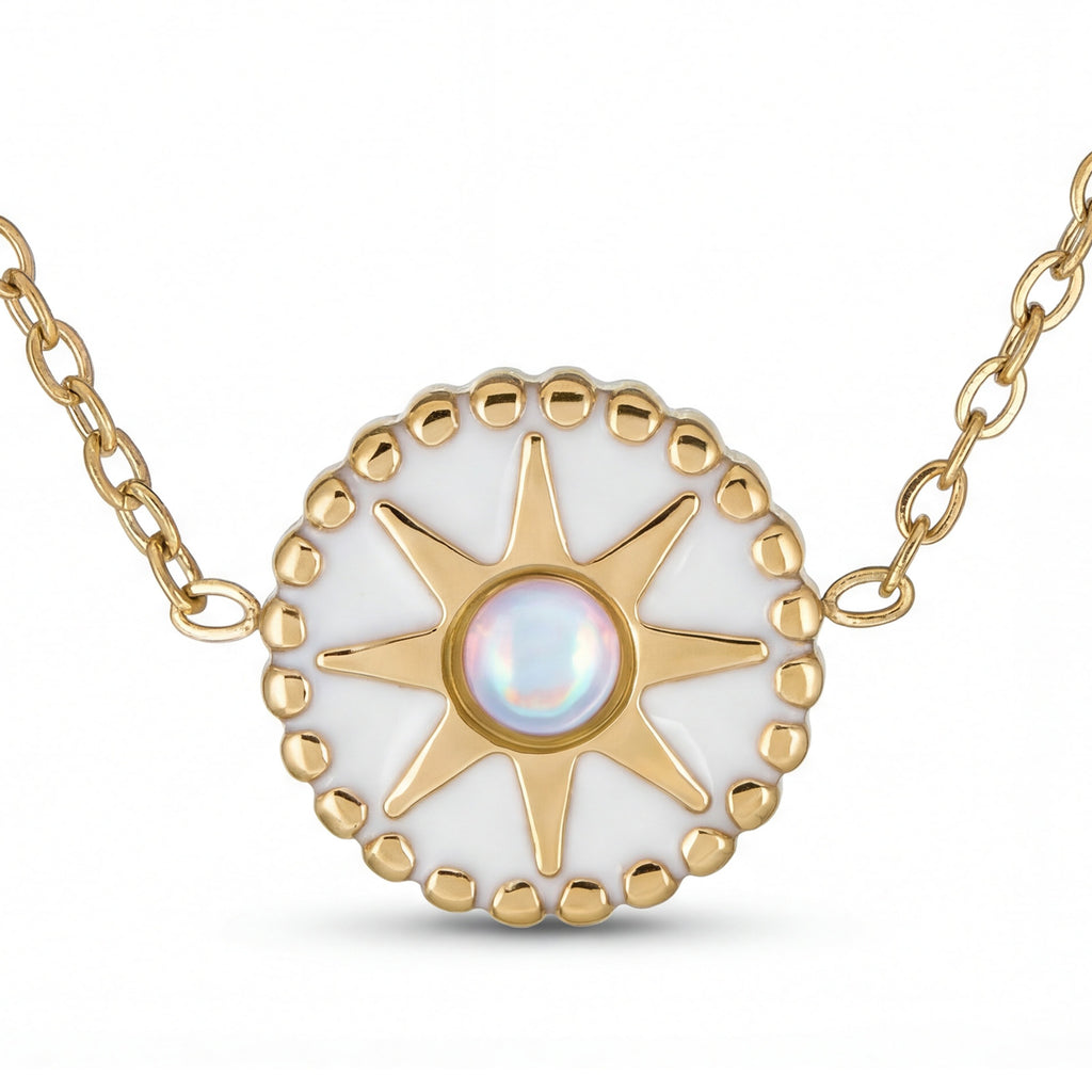 White Opal-Look Sunburst Necklace - 18K Gold Plated Stainless Steel