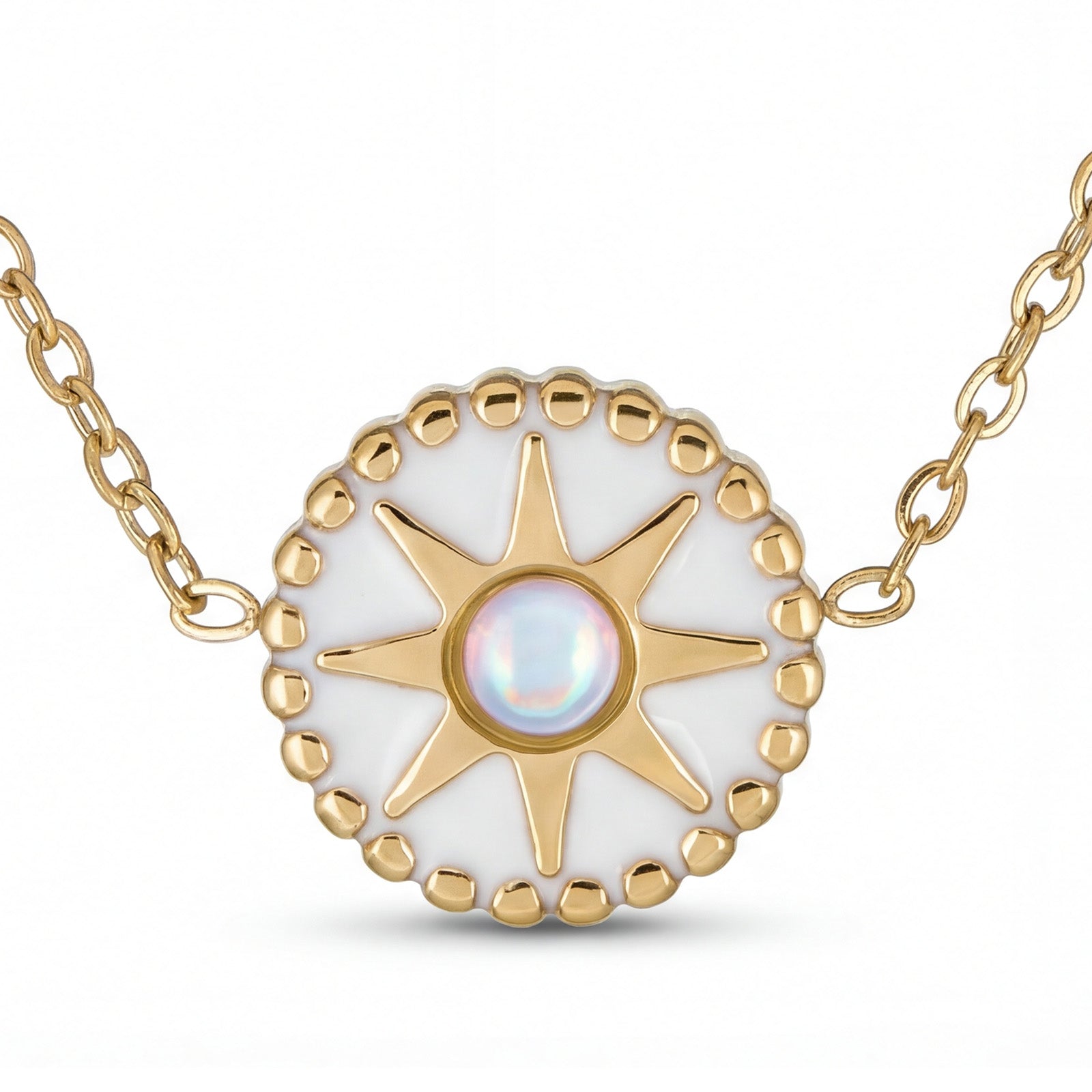 White Opal-Look Sunburst Necklace - 18K Gold Plated Stainless Steel