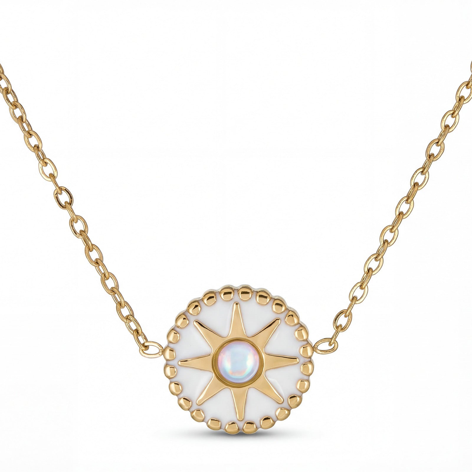 White Opal-Look Sunburst Necklace - 18K Gold Plated Stainless Steel