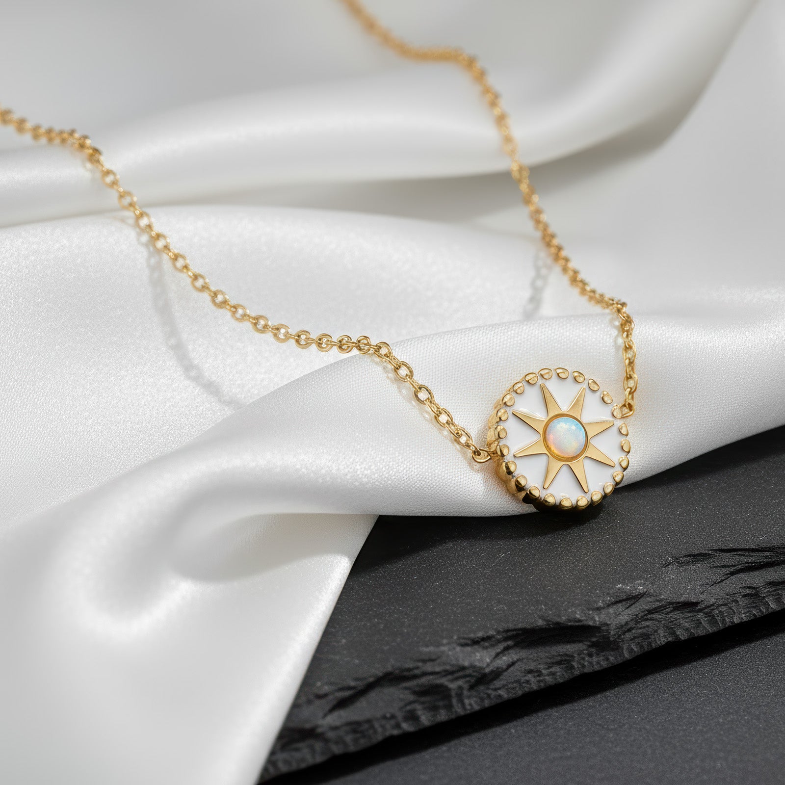 White Opal-Look Sunburst Necklace - 18K Gold Plated Stainless Steel