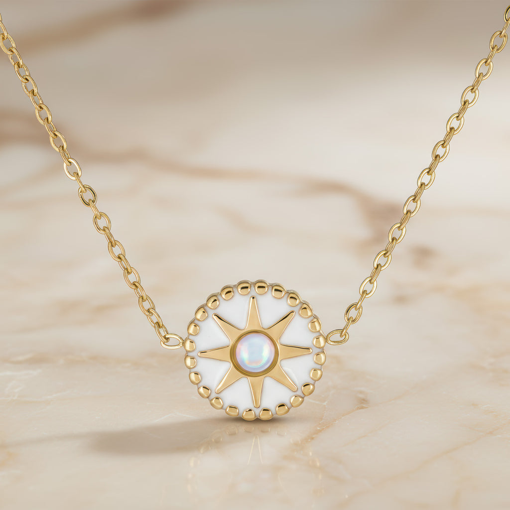 White Opal-Look Sunburst Necklace - 18K Gold Plated Stainless Steel