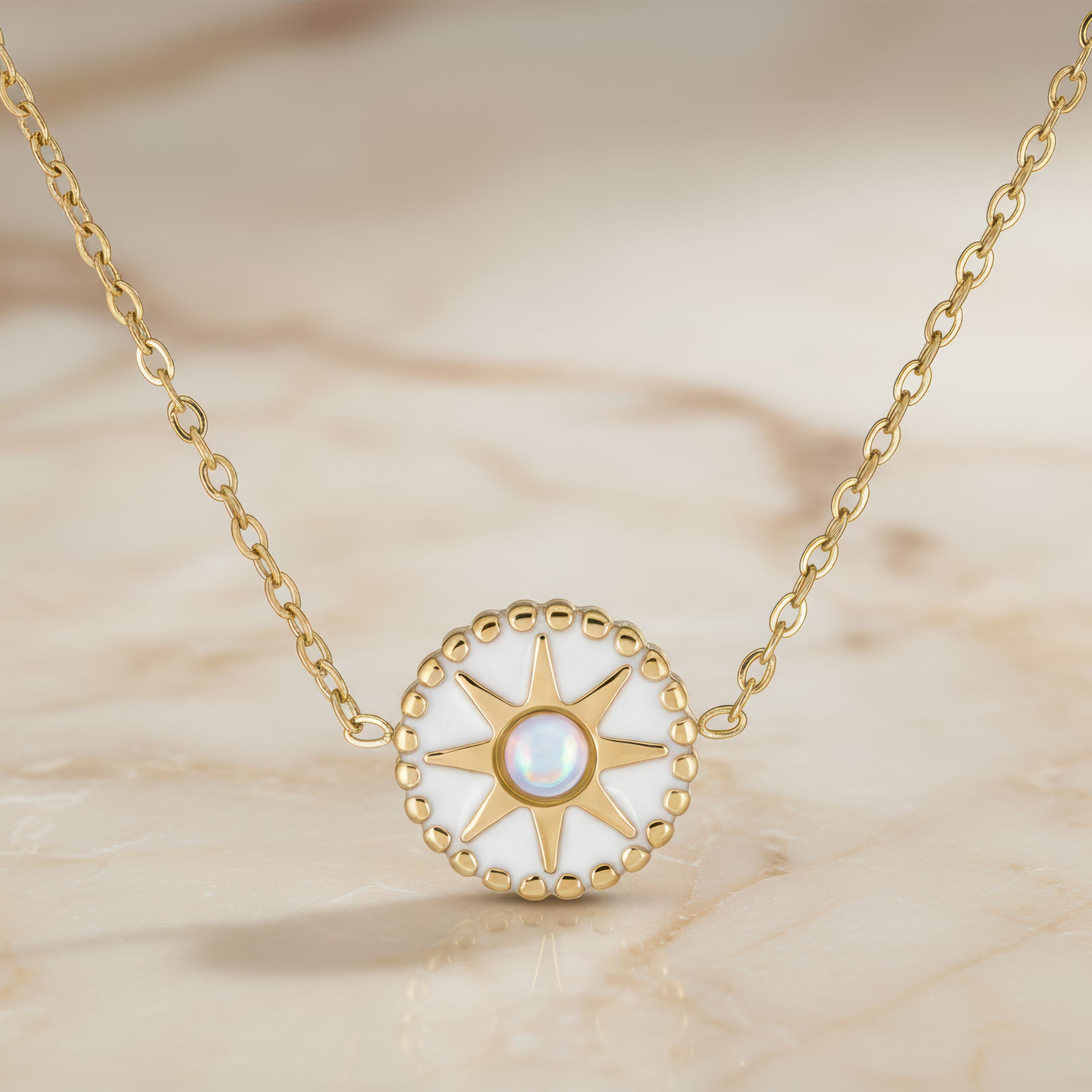 White Opal-Look Sunburst Necklace - 18K Gold Plated Stainless Steel
