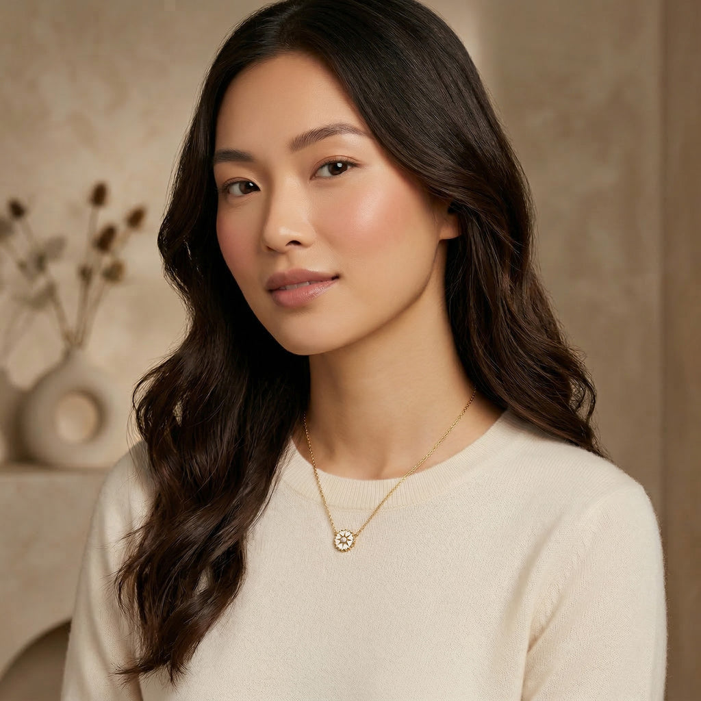 White Opal-Look Sunburst Necklace - 18K Gold Plated Stainless Steel