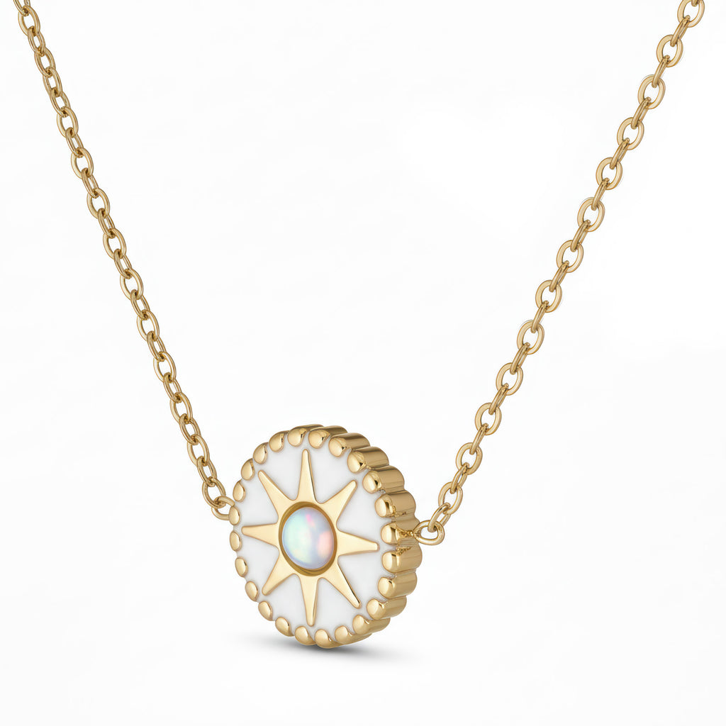 White Opal-Look Sunburst Necklace - 18K Gold Plated Stainless Steel