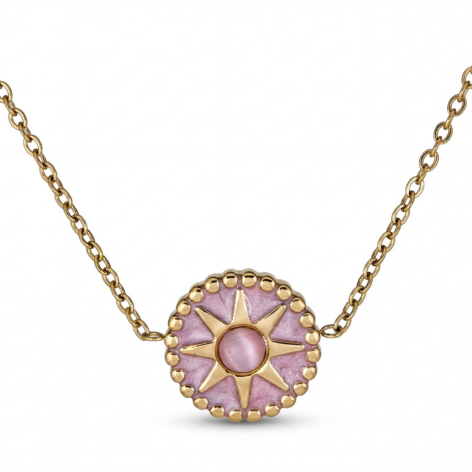 Pink Sunburst Necklace - 18K Gold Plated Stainless Steel