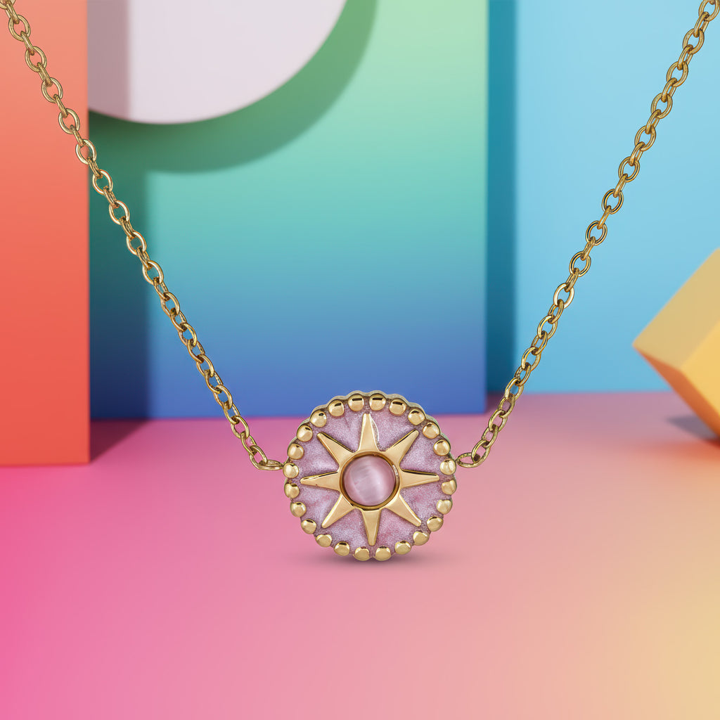 Pink Sunburst Necklace - 18K Gold Plated Stainless Steel