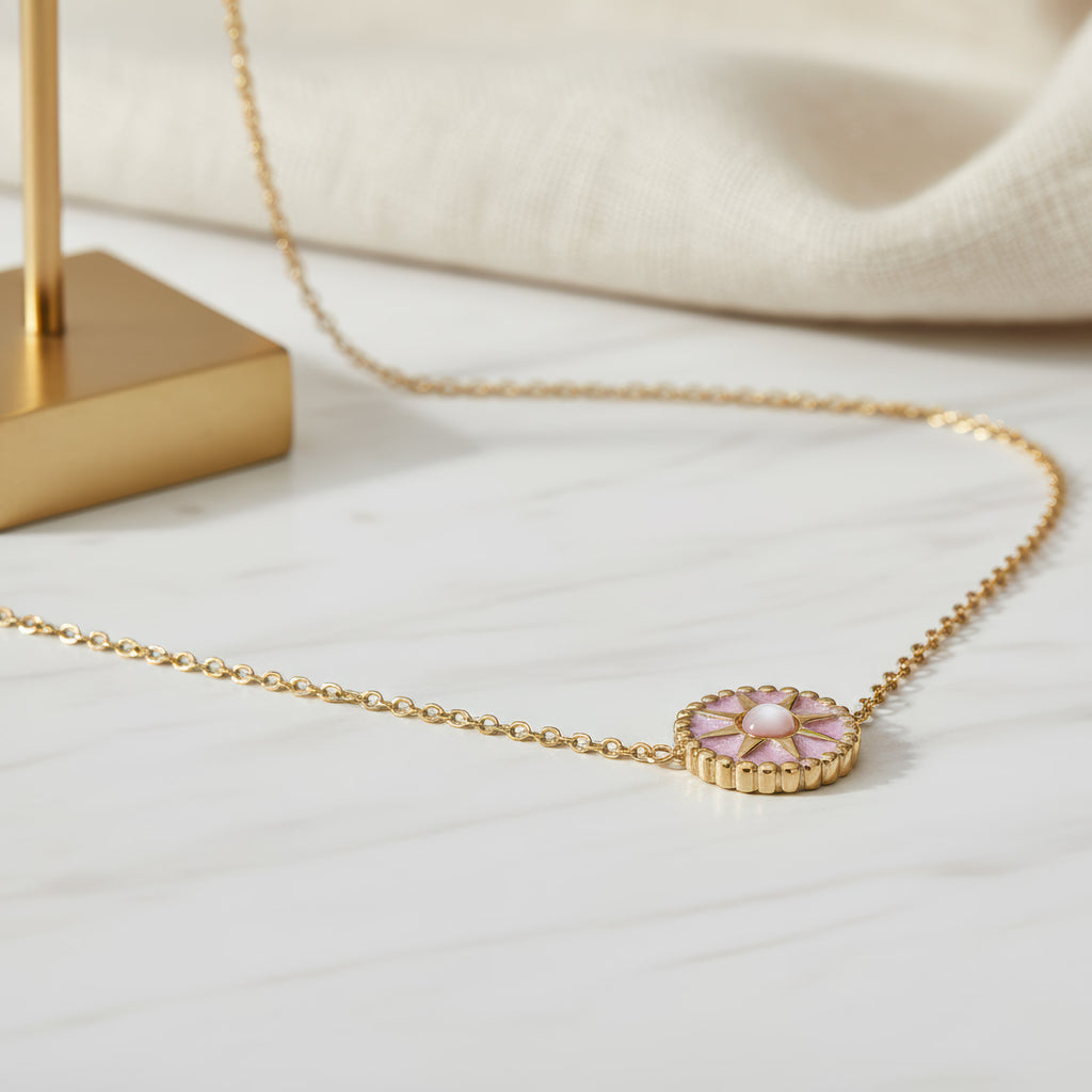 Pink Sunburst Necklace - 18K Gold Plated Stainless Steel