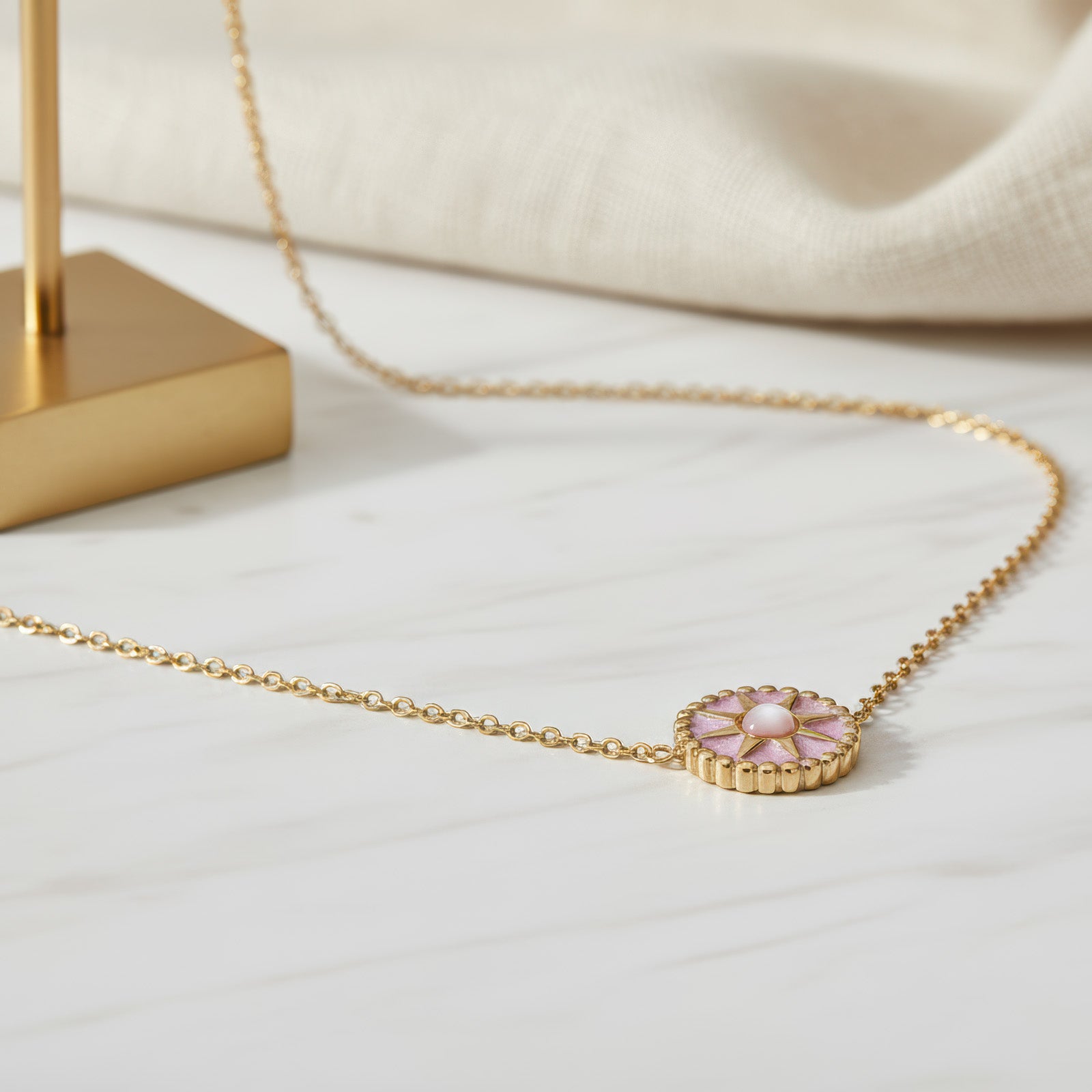 Pink Sunburst Necklace - 18K Gold Plated Stainless Steel
