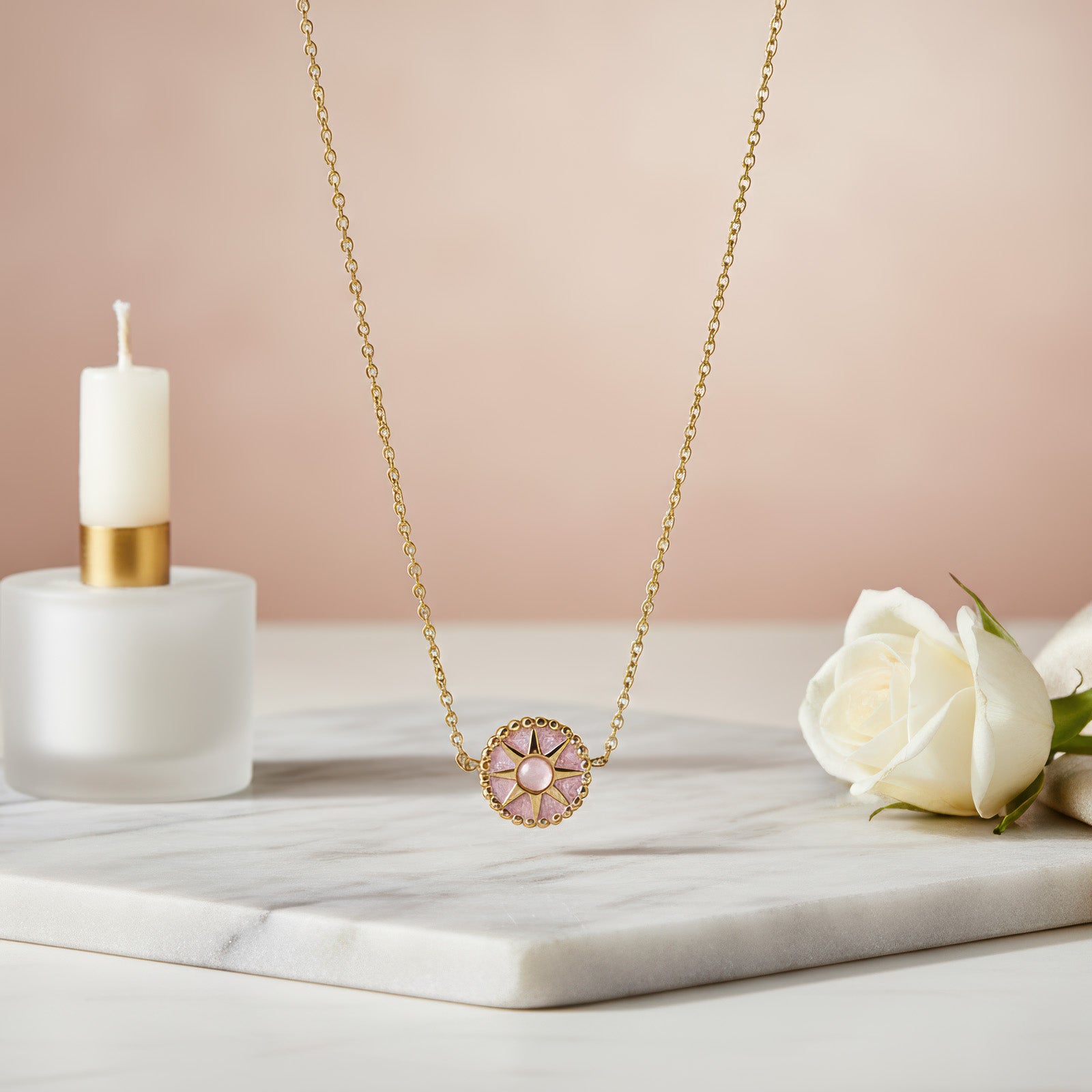Pink Sunburst Necklace - 18K Gold Plated Stainless Steel