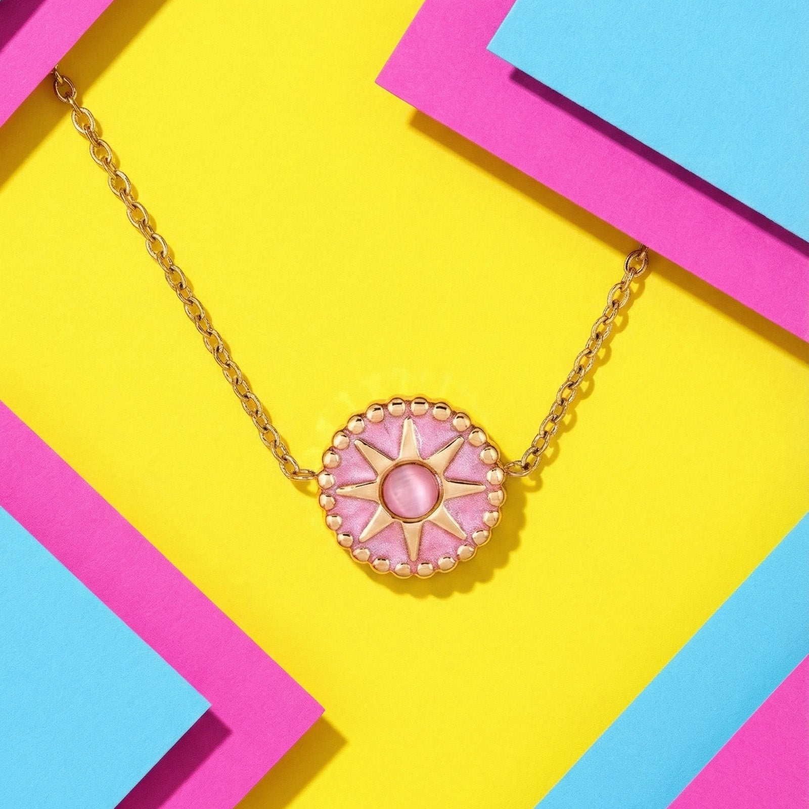 Pink Sunburst Necklace - 18K Gold Plated Stainless Steel