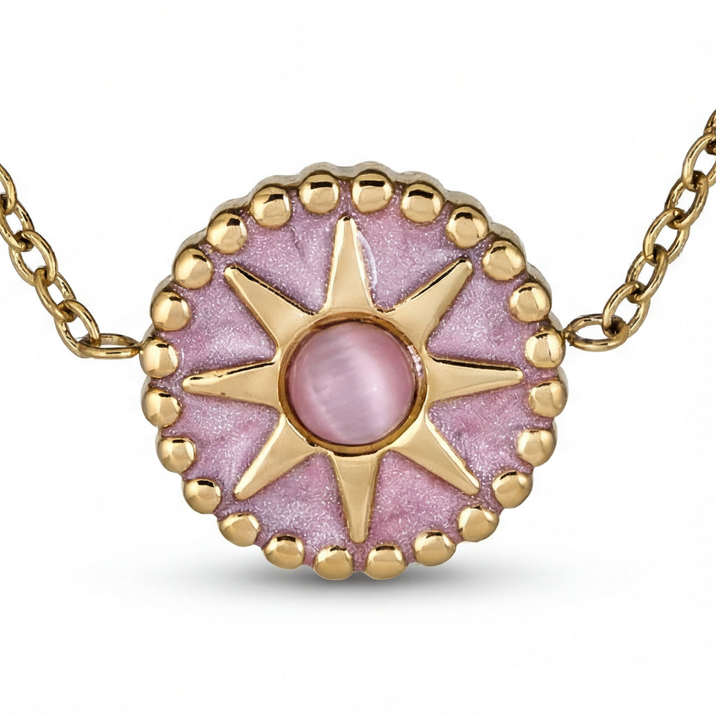 Pink Sunburst Necklace - 18K Gold Plated Stainless Steel