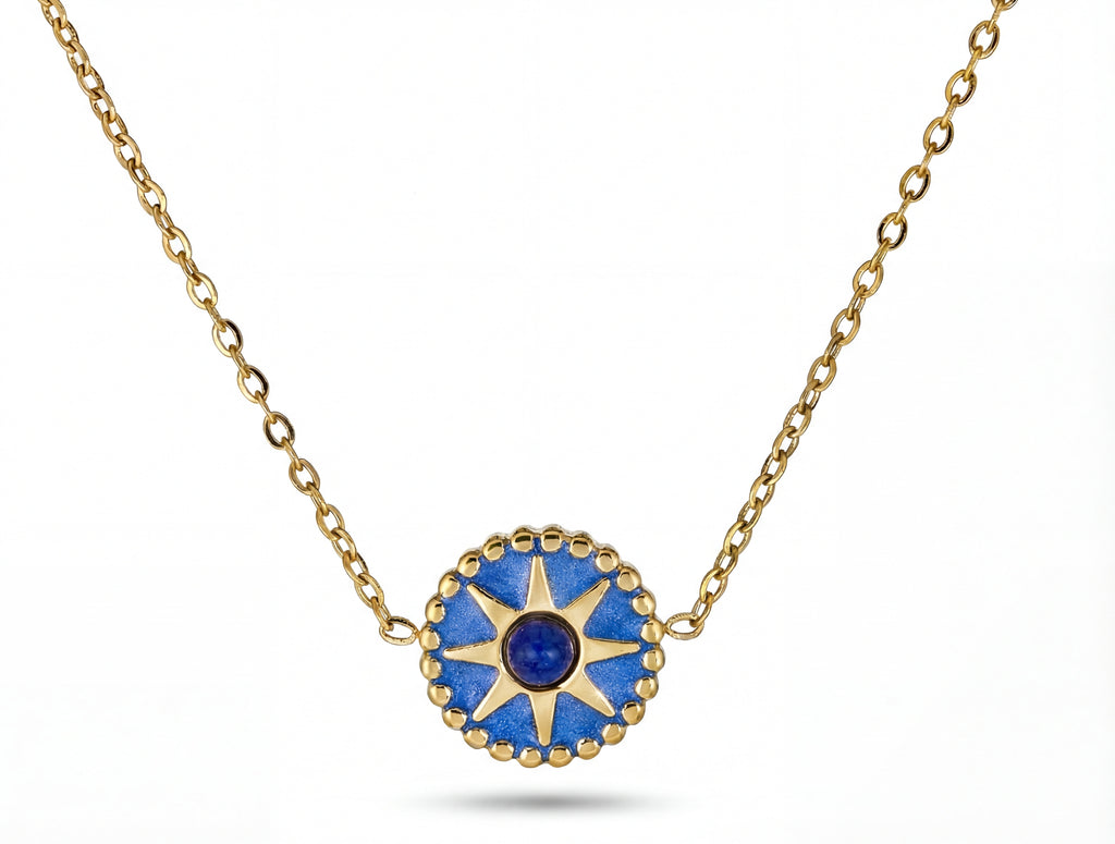 Blue Sunburst Necklace - 18K Gold Plated Stainless Steel