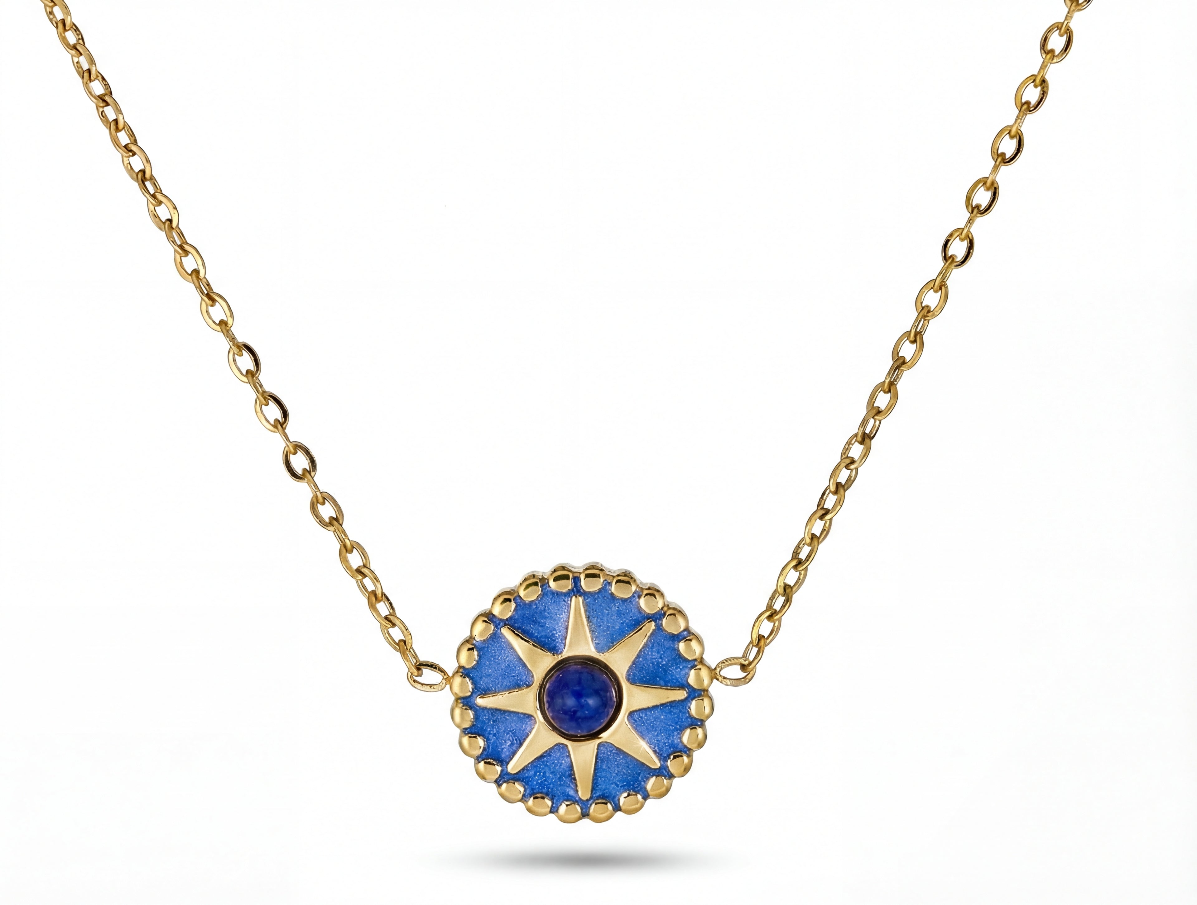 Blue Sunburst Necklace - 18K Gold Plated Stainless Steel