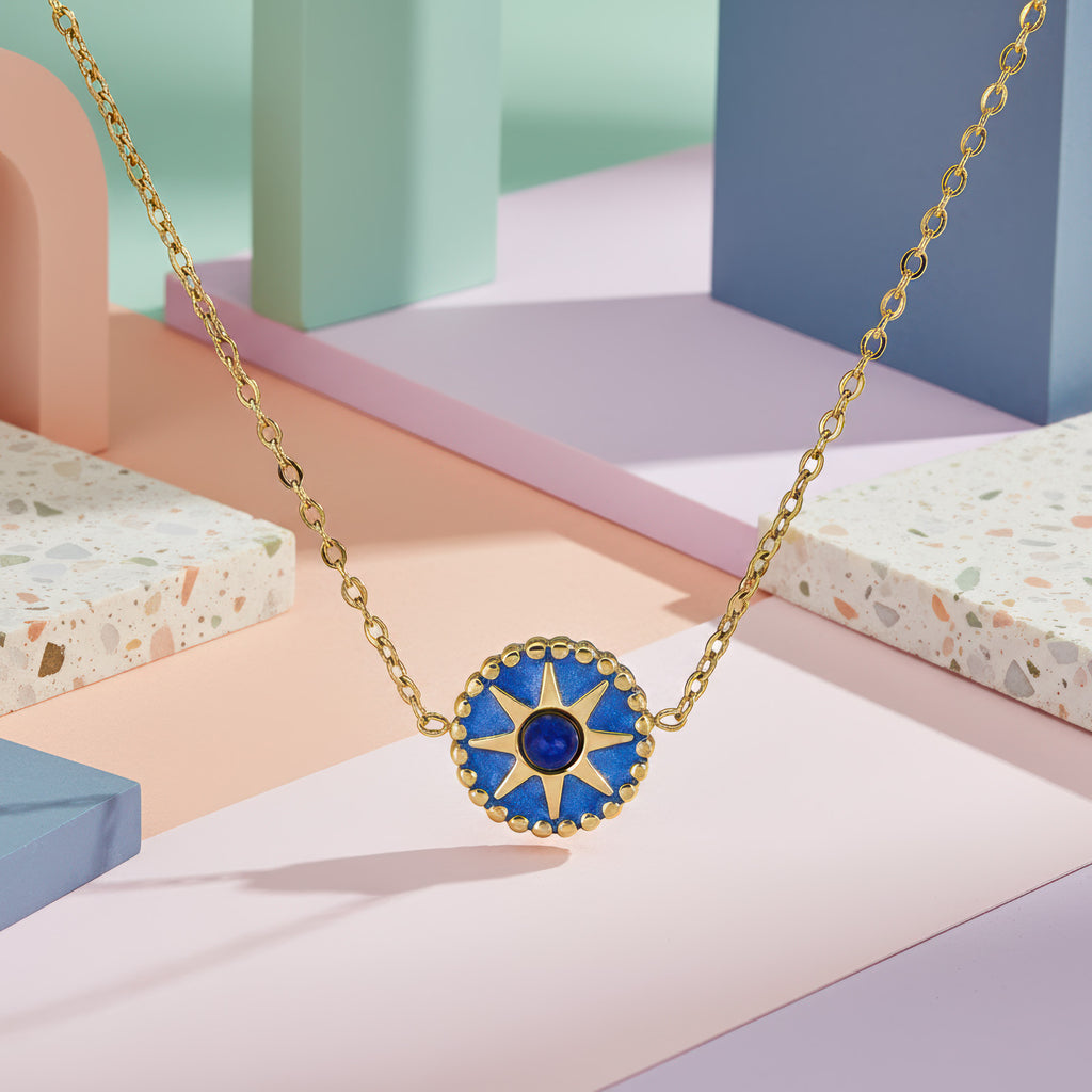 Blue Sunburst Necklace - 18K Gold Plated Stainless Steel