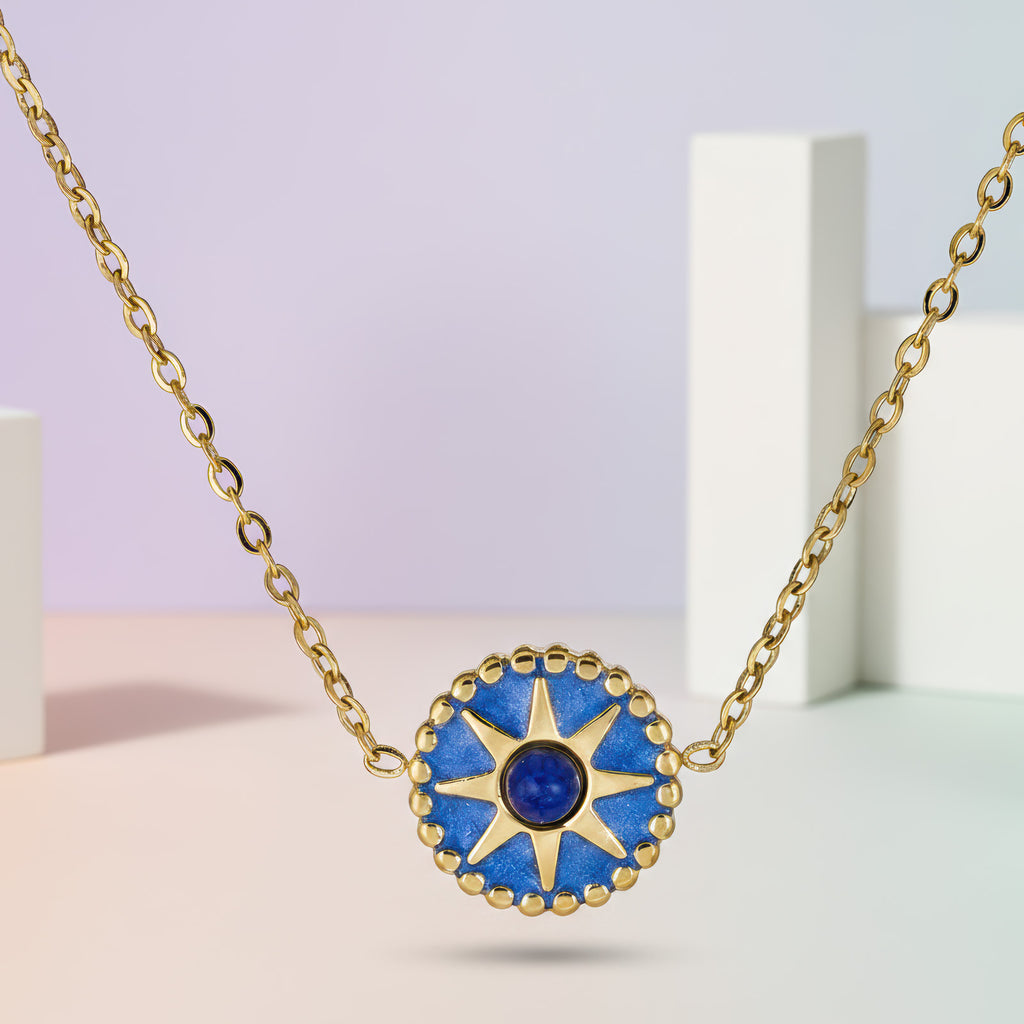 Blue Sunburst Necklace - 18K Gold Plated Stainless Steel