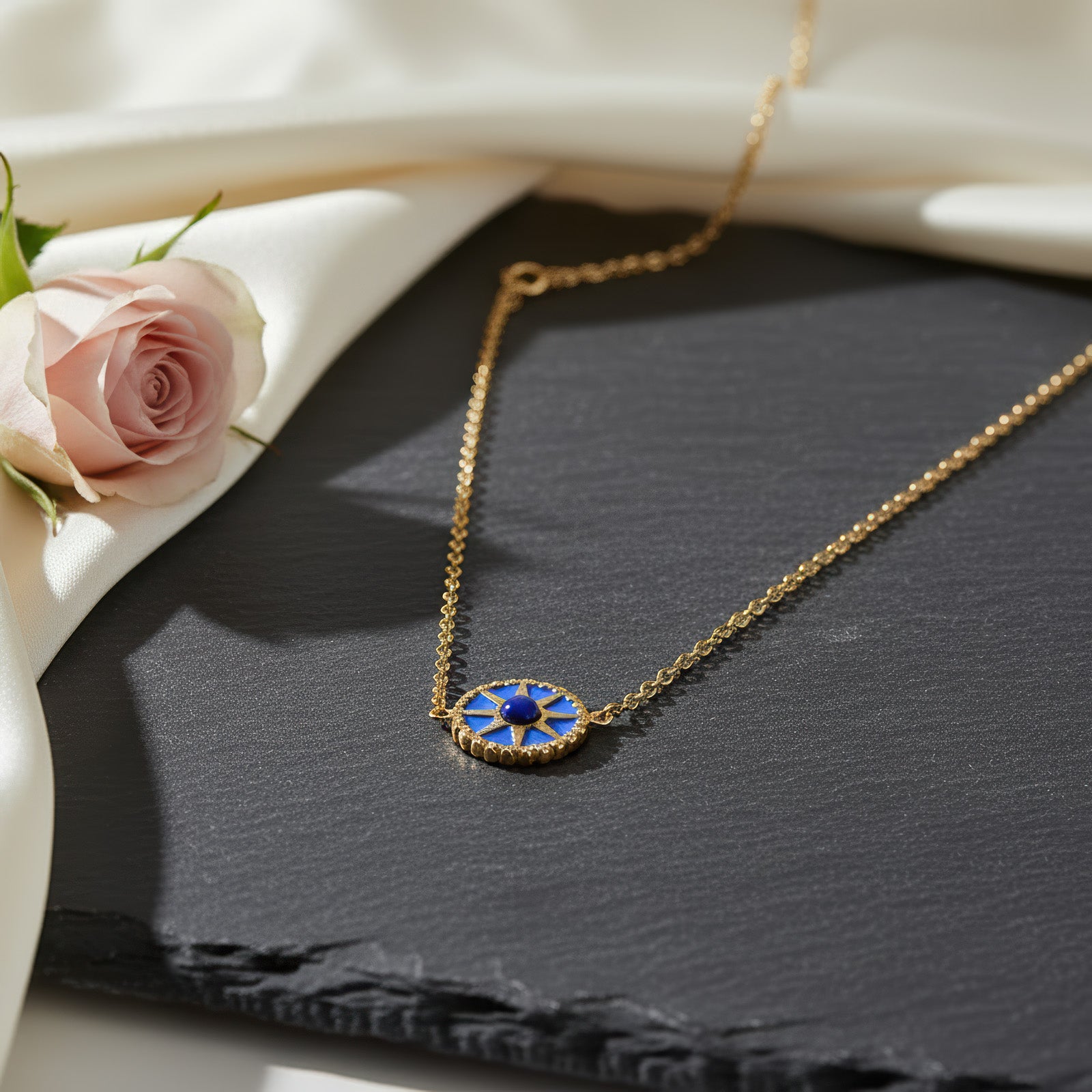 Blue Sunburst Necklace - 18K Gold Plated Stainless Steel