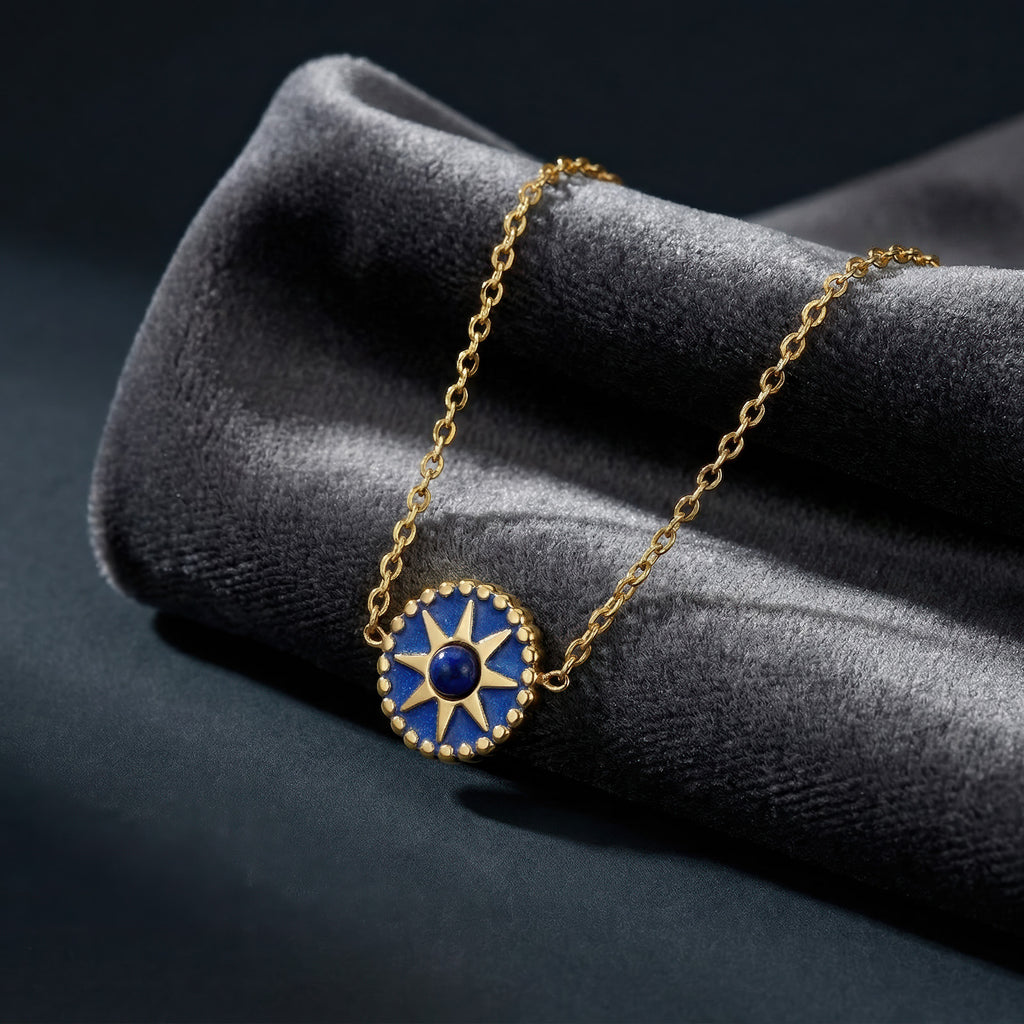 Blue Sunburst Necklace - 18K Gold Plated Stainless Steel