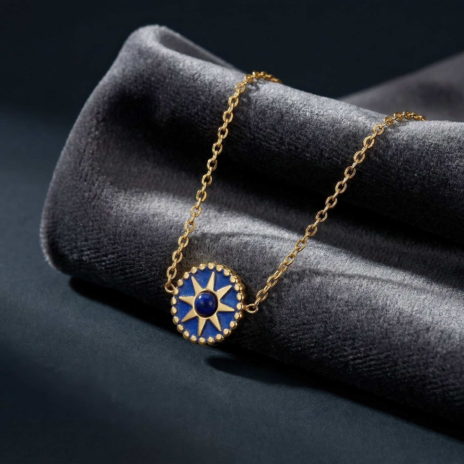 Blue Sunburst Necklace - 18K Gold Plated Stainless Steel
