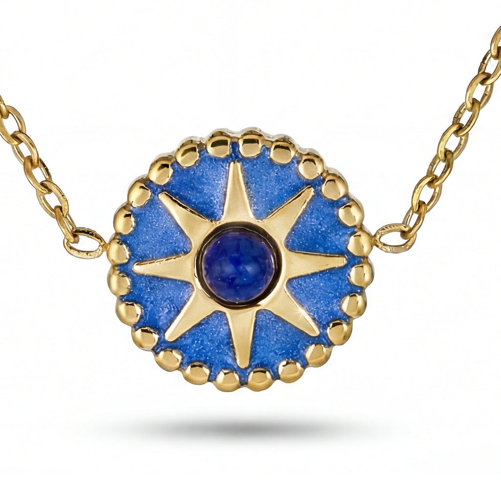 Blue Sunburst Necklace - 18K Gold Plated Stainless Steel