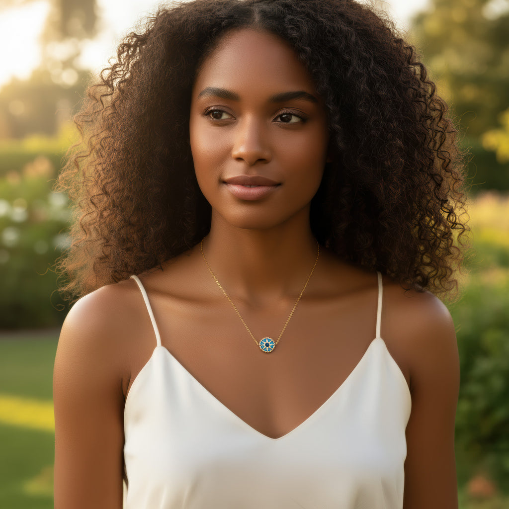 Blue Sunburst Necklace - 18K Gold Plated Stainless Steel